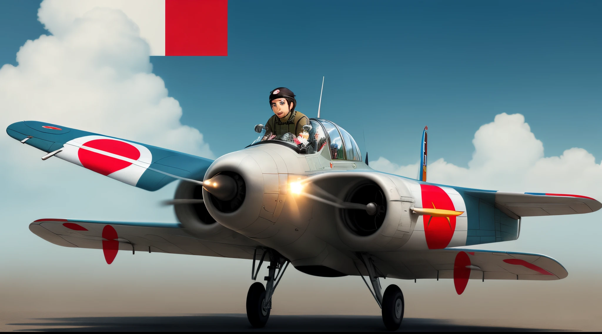 Movie Thumbnail.Title Daylight.Disney-Pixar Movie Style.Japanese Pilot Wearing Japan flag headband Flying on His a6m Zero.Placed Title At the bottom of the picture