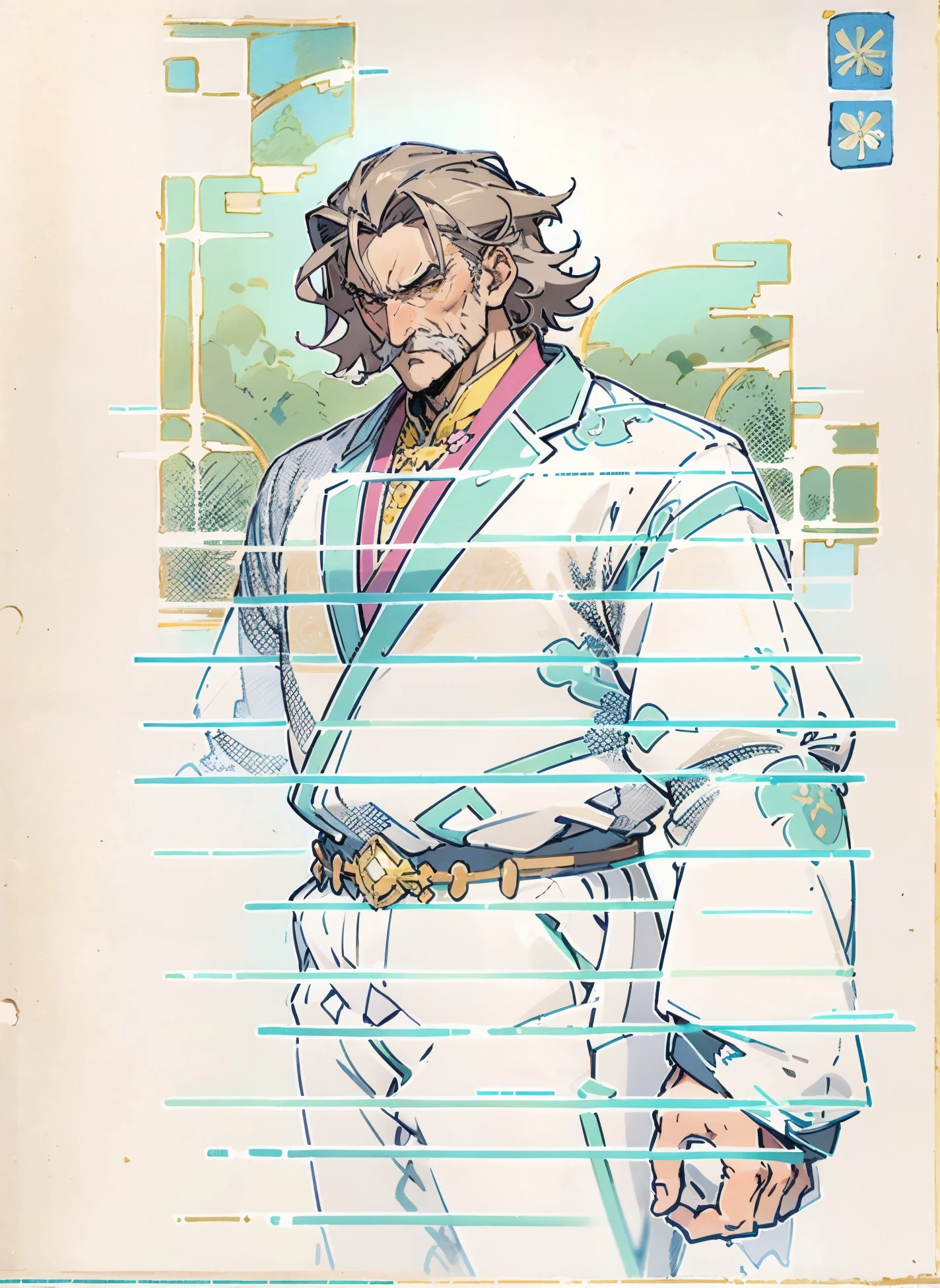 An elderly man, disheveled short hair in a brown-gray hue, approximately 60 years old, a bewildered gaze, quirky expression, wide-open mouth, a small mustache on his chin, a simple brown-yellow traditional Chinese clothing, coarse fabric trousers, the background consists of various artistic-style color blocks interwoven together, this character embodies a finely crafted whimsical fantasy-style in anime style, exquisite and mature manga art style, high definition, best quality, highres, ultra-detailed, ultra-fine painting, extremely delicate, professional, anatomically correct, symmetrical face, extremely detailed eyes and face, high quality eyes, creativity, RAW photo, UHD, 8k, Natural light, cinematic lighting, masterpiece-anatomy-perfect, masterpiece:1.5