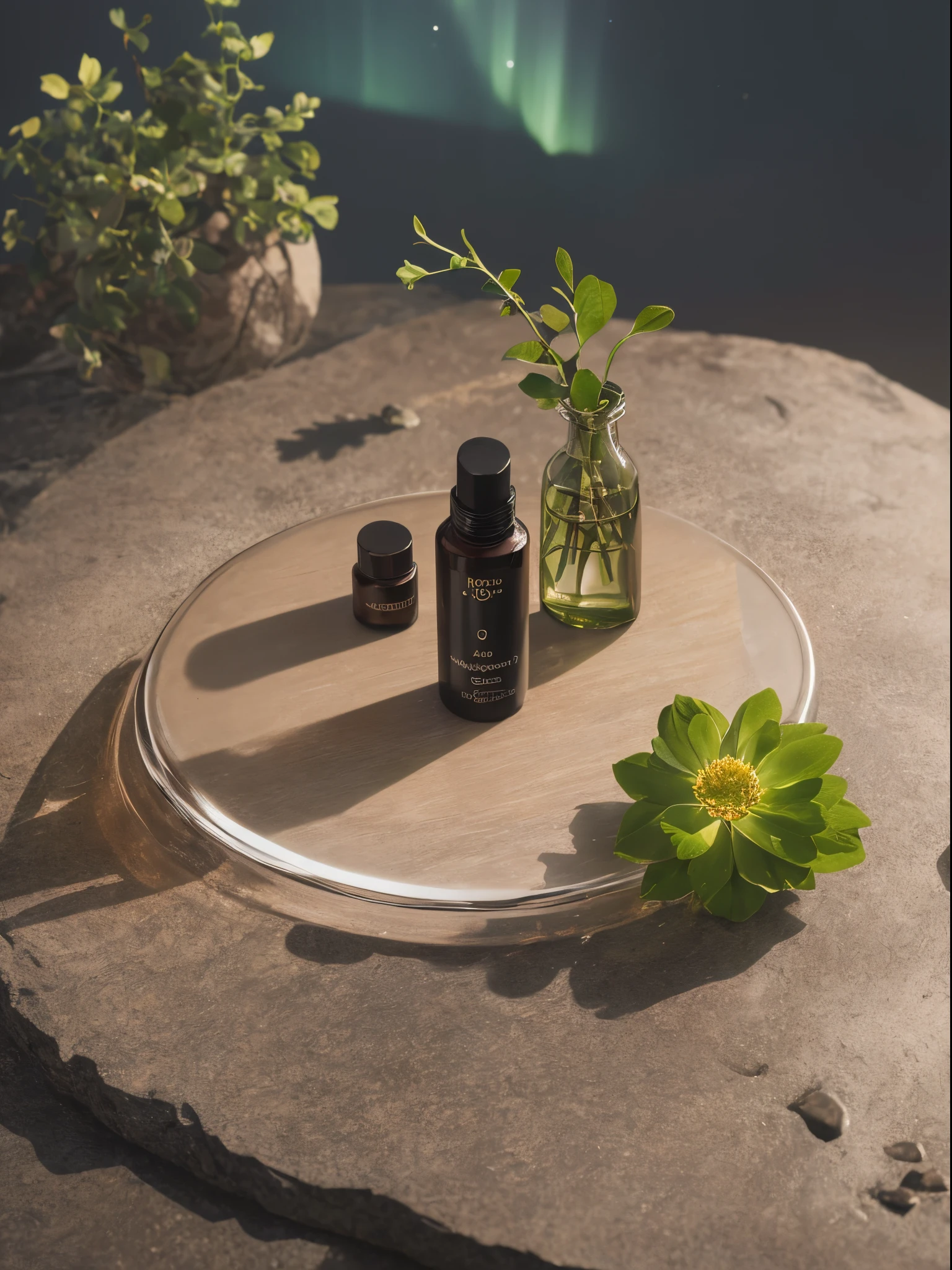 there is a bottle of liquid sitting on a table next to a rock, concept art by Emma Andijewska, tumblr, conceptual art, miniature product photo, infused with aurora borealis, textured base ; product photos, komorebi, professional product photo, close-up product photo, product photography, dramatic product shot, diffused natural skin glow, professional product shot, high-quality product photography, shot on Hasselblad camera, medium format photography, dramatic lighting, beauty brand commercial photography, (shot in studio), (depth of field), (cosmetic bottle), (flower decoration)
