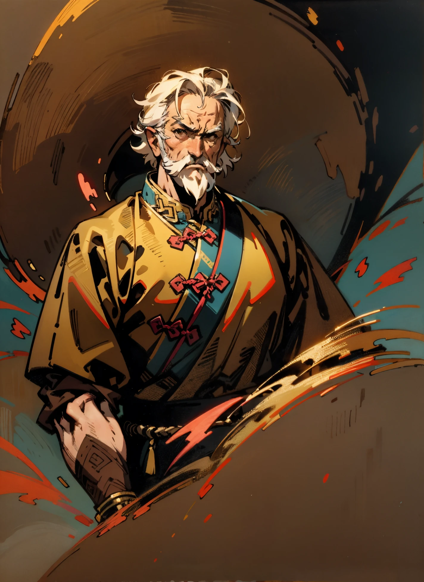 An elderly man, disheveled short hair in a brown-gray hue, approximately 60 years old, a bewildered gaze, quirky expression, wide-open mouth, a small mustache on his chin, a simple brown-yellow traditional Chinese clothing, coarse fabric trousers, the background consists of various artistic-style color blocks interwoven together, this character embodies a finely crafted whimsical fantasy-style in anime style, exquisite and mature manga art style, high definition, best quality, highres, ultra-detailed, ultra-fine painting, extremely delicate, professional, anatomically correct, symmetrical face, extremely detailed eyes and face, high quality eyes, creativity, RAW photo, UHD, 8k, Natural light, cinematic lighting, masterpiece-anatomy-perfect, masterpiece:1.5