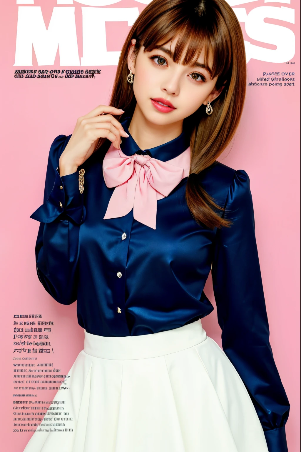 masterpiece, best quality, dynamic pose,full body, 1girl, bangs, black choker, necktie, black hair, pink skirt, blush, bracelet, breasts, choker, clothes around waist, bows，collarbone, collared shirt, cowboy shot, sailor dress, sailor collards, ear piercing, eyebrows visible through hair, gradient hair, grin, gyaru, jewelry, kogal, long hair, looking at viewer, loose necktie, necktie, piercing, brown eyes, ring, school uniform, shirt, skirt, smile, solo, white shirt, street, sky, cherry blossoms, petals,illustration, (magazine:1.4), (cover-style:1.3), fashionable, woman, vibrant, outfit, posing, front, colorful, dynamic, background, elements, confident, expression, holding, statement, accessory, majestic, coiled, around, touch, scene, text, cover, bold, attention-grabbing, title, stylish, font, catchy, headline, larger, striking, modern, trendy, focus, fashion,