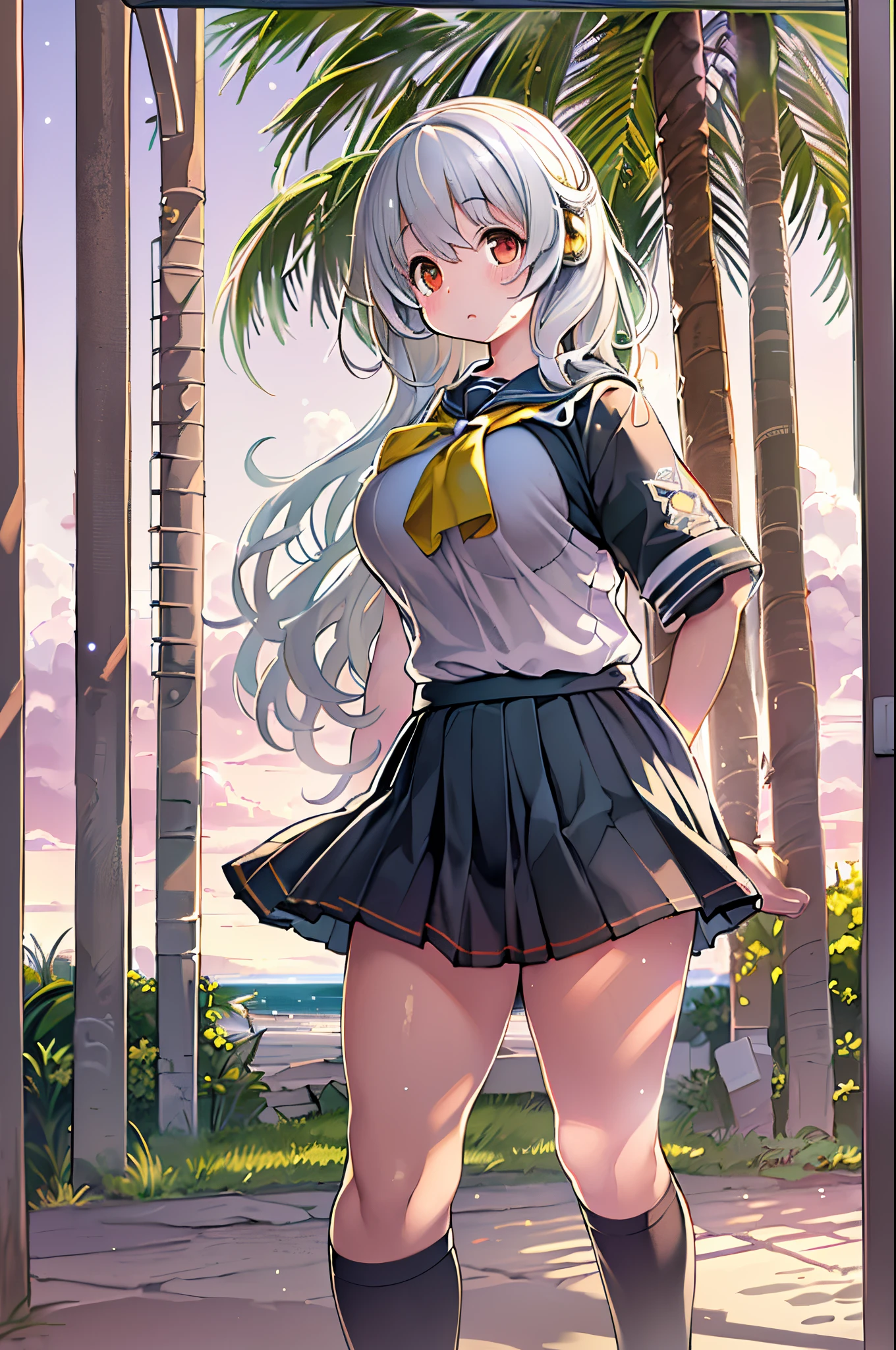 ((masutepiece)), ((Best Quality)), ((hight resolution)), ((the Extremely Detailed CG Unity 8K Wallpapers)), Solo, Tachibana plays, Tan School Uniform, Black skirt, White socks, Outdoors, Face, curtained hair, Beach, parted hair, Silver hair,huge-breasted