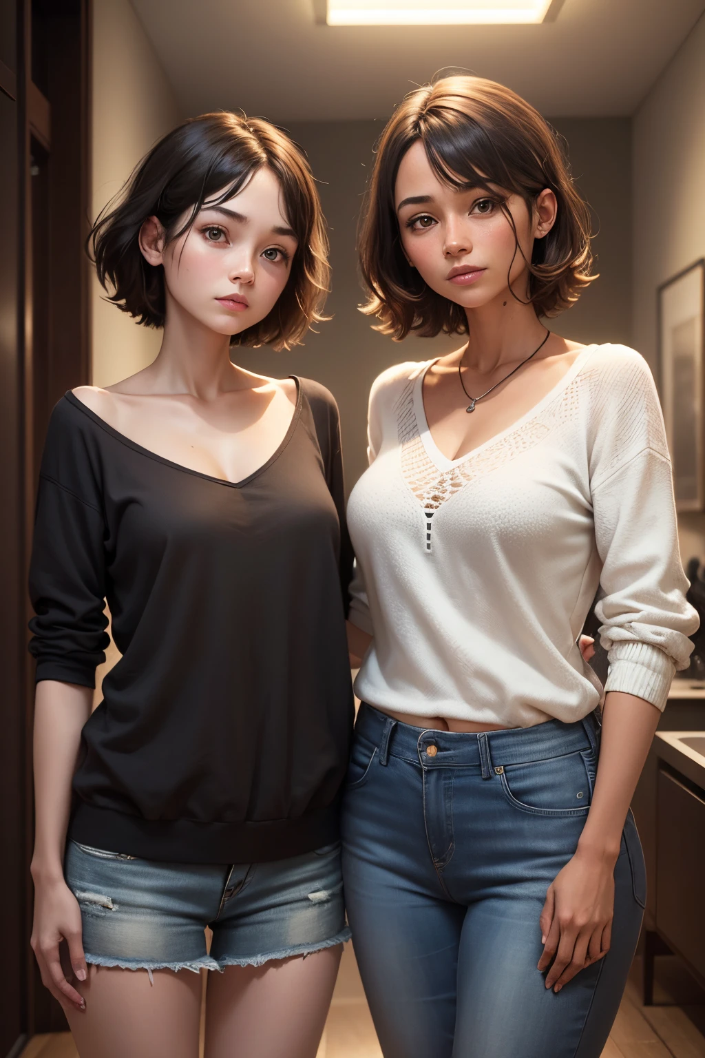 mother and daughter in casual clothes　Hair is short　Standing side by side　The background is indoors, nffsw, retinas, masutepiece, ccurate, Anatomically correct, Textured skin, Super Detail, high details, High quality, awardwinning, Best Quality, hight resolution