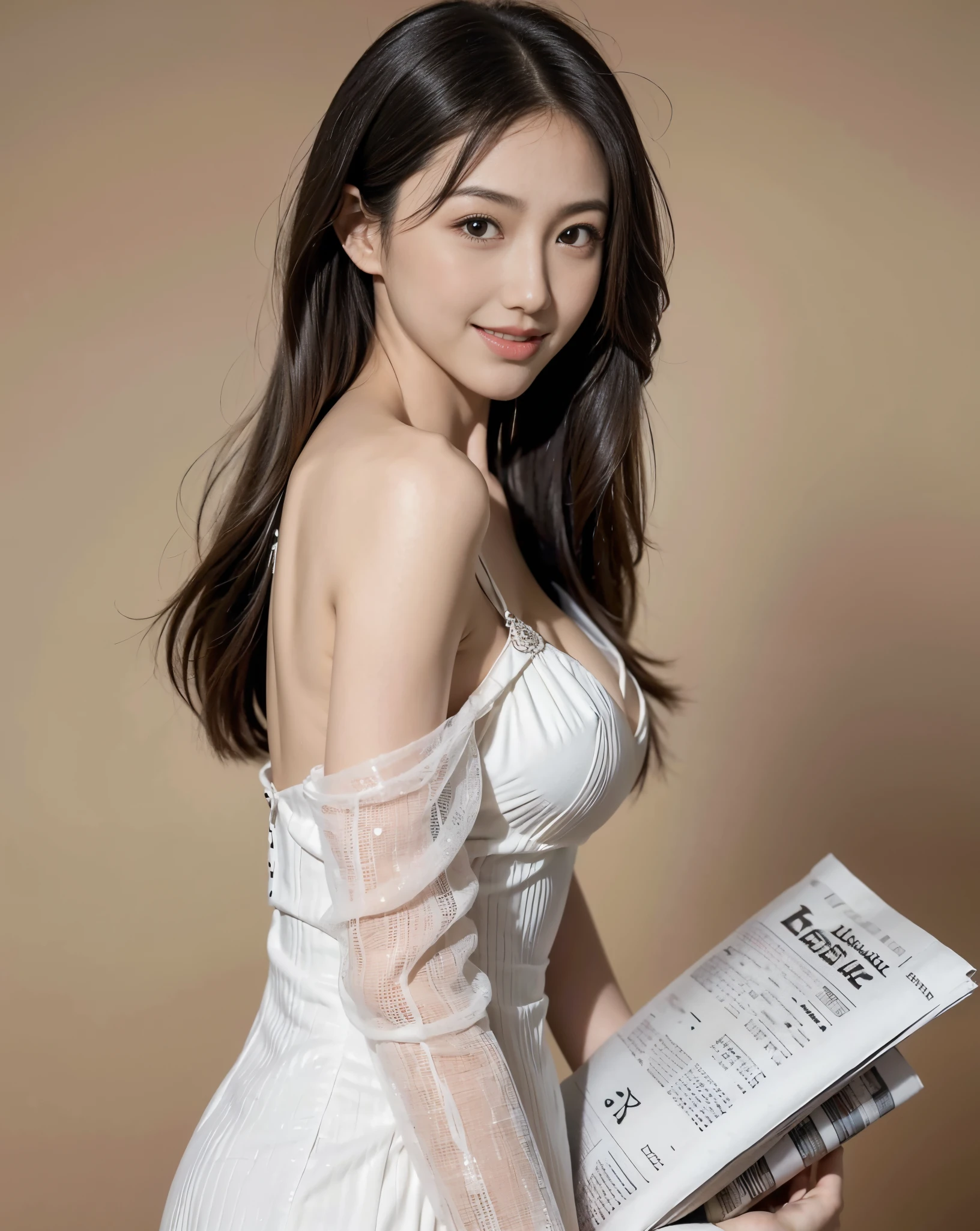 (masutepiece, Best Quality, High resolution),(Newspaper background),Sweet girl,((Shoulder-length bob hair)),Straight hair,small head,a small face,Clear face,Detailed eyes,Large watery eyes,Detailed face,(dress made from newspaper,gorgeous newspaper pattern evening dress),from the front side, Upper body,Small breasts,slim,Thin,Happy,Laughing、huge udder that hangs down、Fluttering breasts、Peach butt