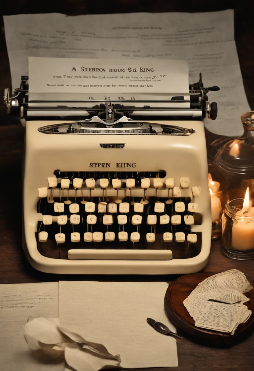 A vintage typewriter with a sheet of paper filled with ominous words, surrounded by dimly lit candles and a mysterious-looking jar of ink,original,Portrayed by Stephen King, the American author, himself