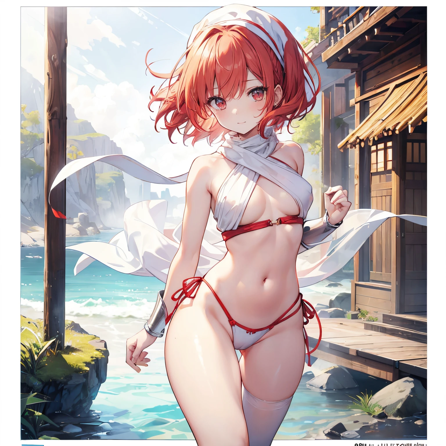 Red-haired girl，Single horsetail，Sunny and cheerful，Sharp hair，white headscarf，having fun，Almost completely naked，Light-colored bandeau，white loincloth，cropped shoulders，little belly，big chest and thin waist，upper legs，Wide hips，slippers