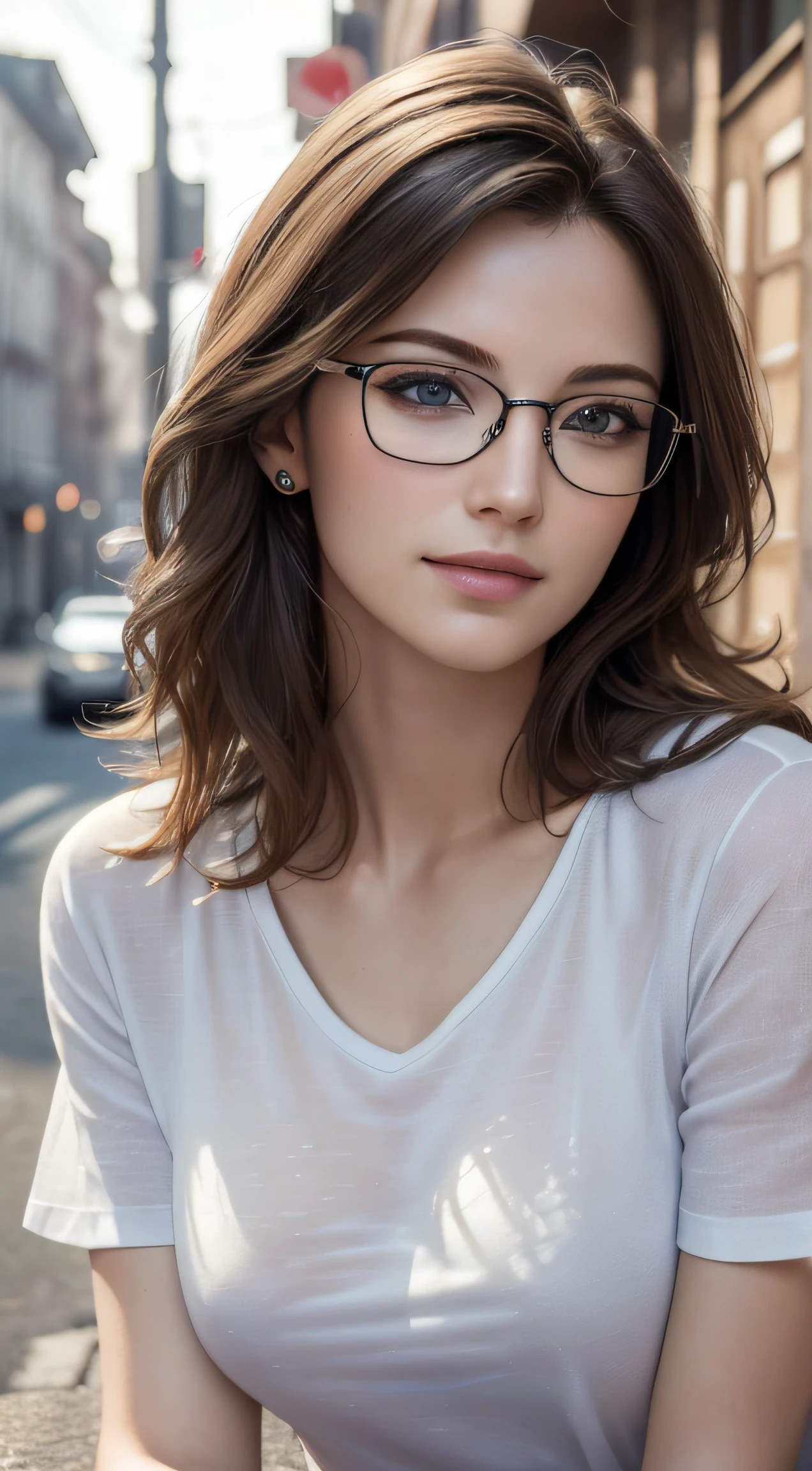 (Masterpiece, best quality, award winning, photorealistic, highres, UHD :1.4), portrait, sharp focus, upper body, 1 beautiful European female, pretty model, skinny, slim figure, breasts, realistic pale skin, realistic detailed modeling face, beautiful eyes, stylish layered hairstyle, highly detailed realistic hair, glossy lips, eye liner, blush, attractive, stunning, ((photorealistic, realistic, super realistic, realism, realistic detail)), printed linen t-shirt, wearing glasses, leaning pose, smirk, outdoor, dynamic lighting, volumetric lighting