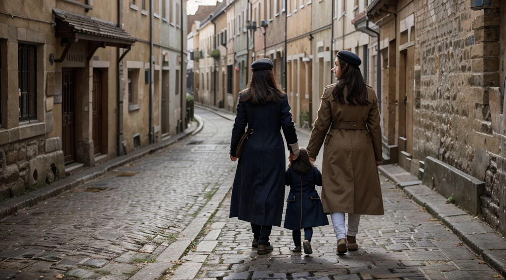 Picture a poignant scene in a European village during World War I – a mother and her daughter strolling through cobblestone streets lined with historic buildings. The air is heavy with a mix of tension and resilience. The mother, wearing a modest yet elegant coat, holds her daughter's hand tightly. Their faces bear expressions of both strength and vulnerability as they navigate the challenges of daily life amidst the historical turmoil, showcasing the enduring bond between a parent and child during a tumultuous period.