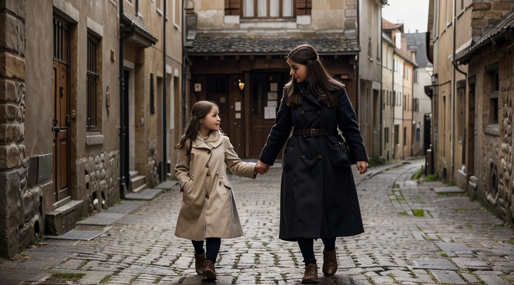 Picture a poignant scene in a European village during World War I – a mother and her daughter strolling through cobblestone streets lined with historic buildings. The air is heavy with a mix of tension and resilience. The mother, wearing a modest yet elegant coat, holds her daughter's hand tightly. Their faces bear expressions of both strength and vulnerability as they navigate the challenges of daily life amidst the historical turmoil, showcasing the enduring bond between a parent and child during a tumultuous period.
