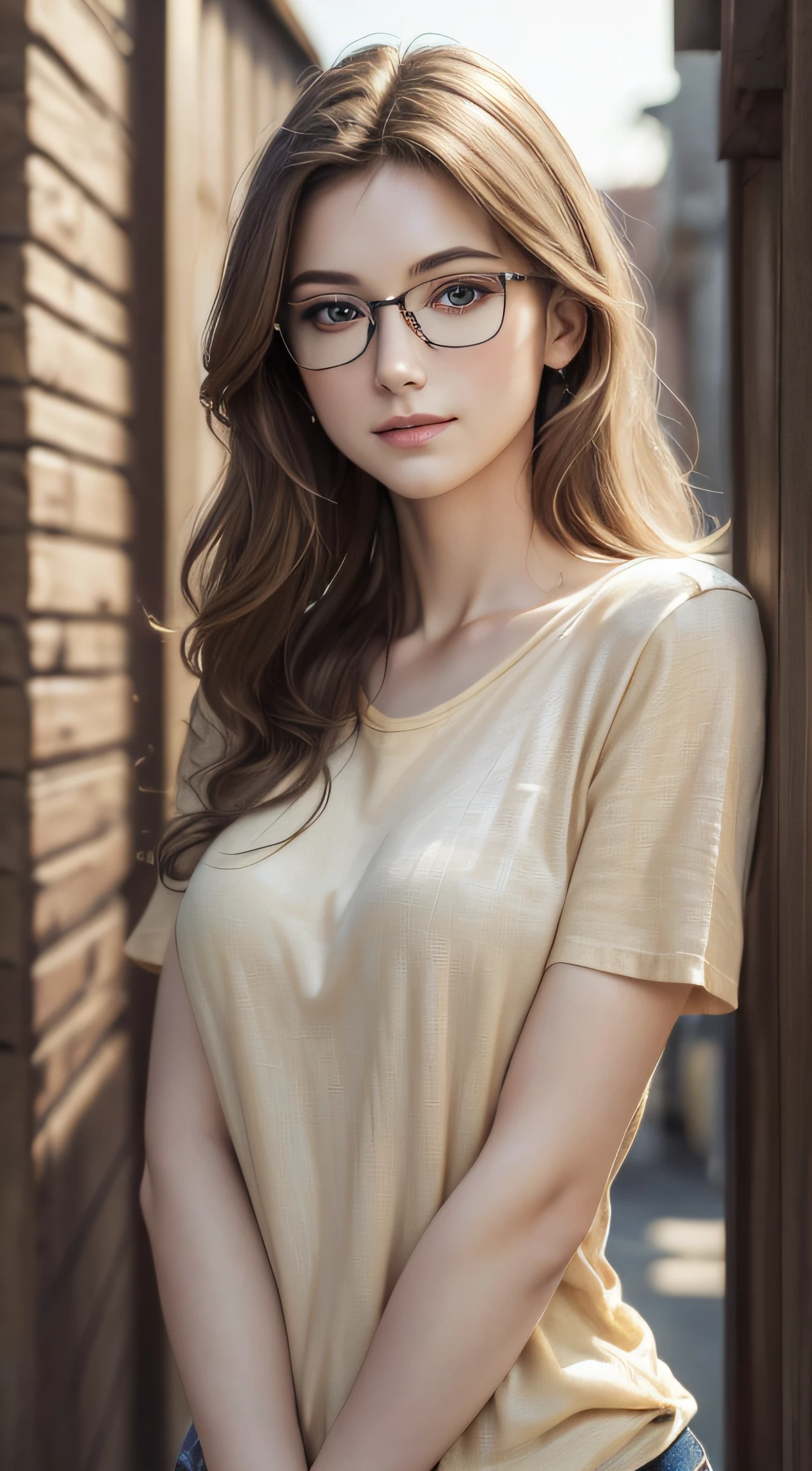 (Masterpiece, best quality, award winning, photorealistic, highres, UHD :1.4), portrait, sharp focus, upper body, 1 beautiful European female, pretty model, skinny, slim figure, breasts, realistic pale skin, realistic detailed modeling face, beautiful eyes, stylish layered hairstyle, highly detailed realistic hair, glossy lips, eye liner, blush, attractive, stunning, ((photorealistic, realistic, super realistic, realism, realistic detail)), printed pale yellow linen t-shirt, wearing glasses, leaning pose, smirk, outdoor, dynamic lighting, volumetric lighting
