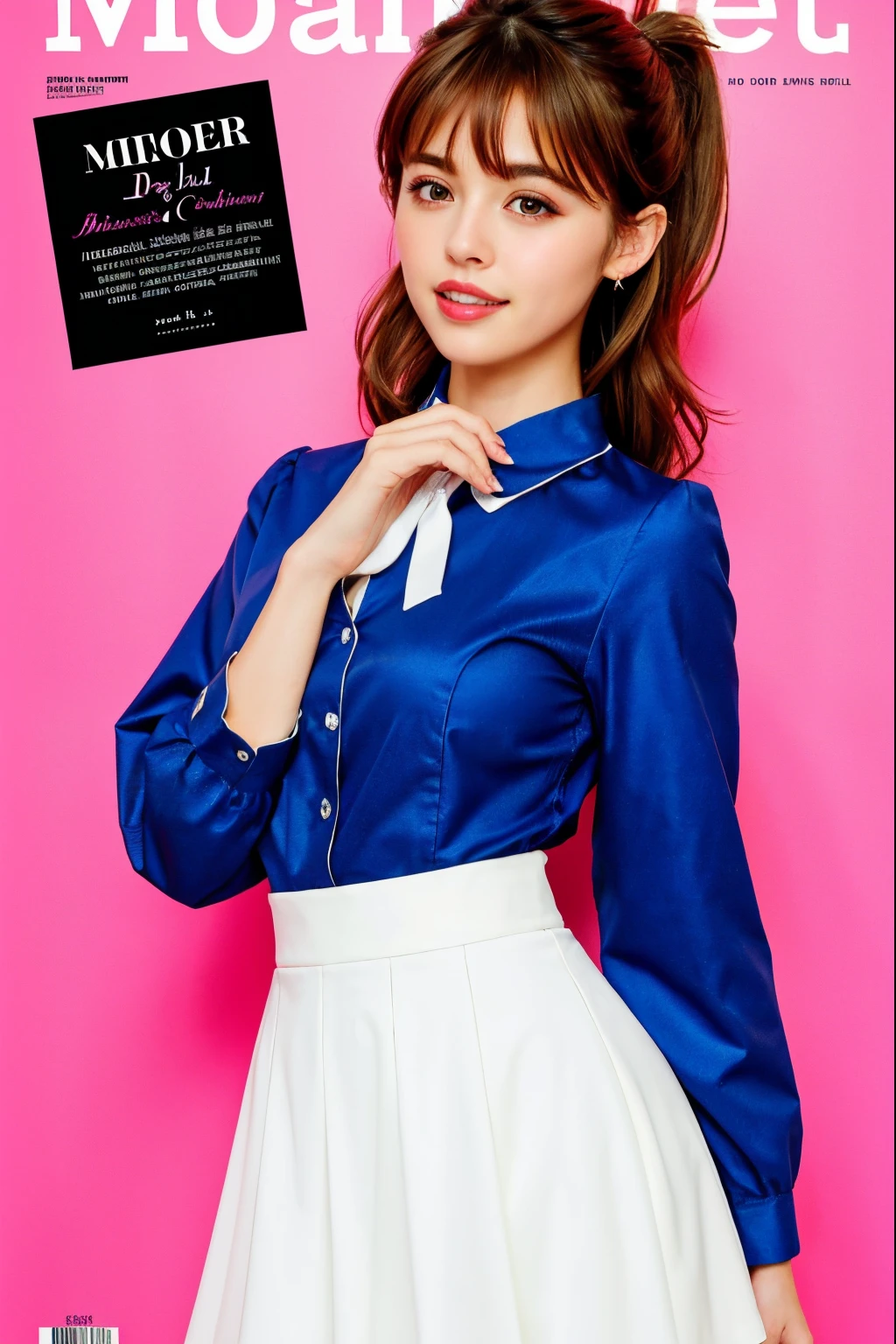 masterpiece, best quality, dynamic pose,full body, 1girl, bangs, necktie, black hair, pink skirt, blush, bracelet, breasts, choker, bows，collarbone, collared shirt, cowboy shot, sailor dress, sailor collards, ear piercing, eyebrows visible through hair, gradient hair, grin, gyaru, jewelry, kogal, long hair, looking at viewer, loose necktie, necktie, piercing, brown eyes, ring, school uniform, shirt, skirt, smile, solo, white shirt, street, sky, cherry blossoms, petals,illustration, (magazine:1.4), (cover-style:1.3), fashionable, woman, vibrant, outfit, posing, front, colorful, dynamic, background, elements, confident, expression, holding, statement, accessory, majestic, coiled, around, touch, scene, text, cover, bold, attention-grabbing, title, stylish, font, catchy, headline, larger, striking, modern, trendy, focus, fashion,