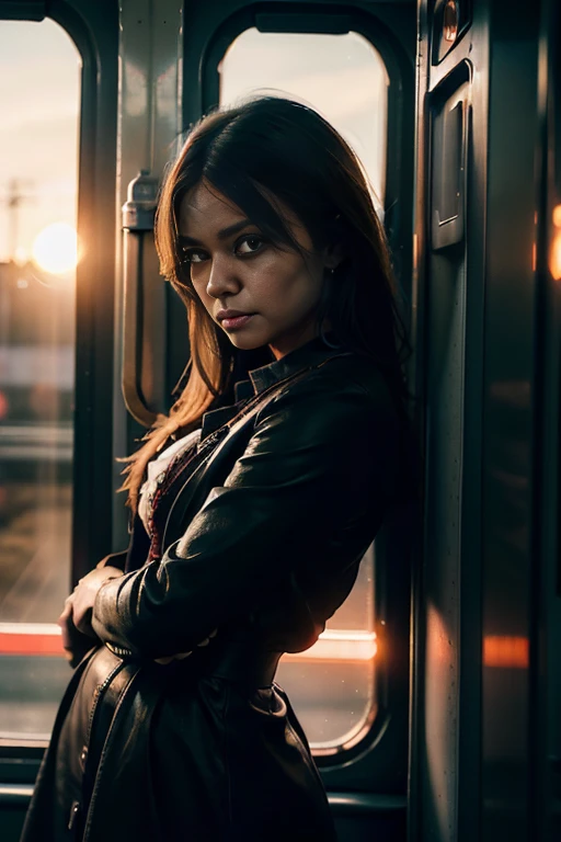 1woman , in train, ((leaning)), looking away , cowboy shot , character focus, (cinematic angle), Dutch angle , cinematic lighting, sunset, high resolution ,(incredibly absurdres) ,extremely detailed CG unity 8k wallpaper, ((masterpiece)), ((top-quality)), (beautiful illustration), ((an extremely delicate and beautiful))