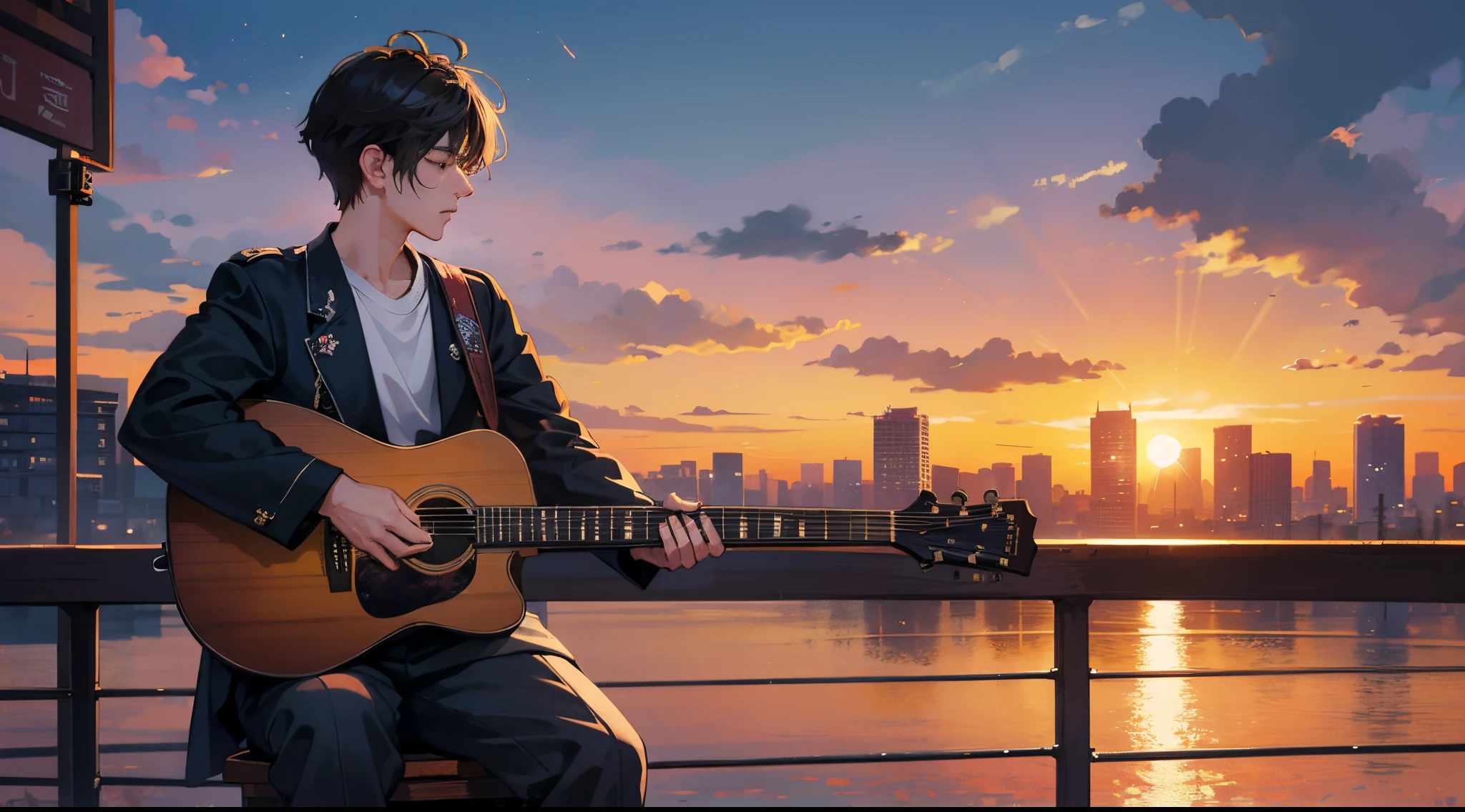 "Powerful chords pierce the Tokyo evening sky, when a talented electric guitarist masterfully performs his music against the backdrop of the bay and city lights. in park, spread out in the arms of nature, the musician creates an energetic connection with the environment. He stands near a picturesque bridge, as if connecting the magic of the urban landscape with natural harmony. The rays of the sunset caress the strings of his guitar, and the wind carries the sounds of melody into the distance, creating a magical musical journey into the heart of Tokyo."