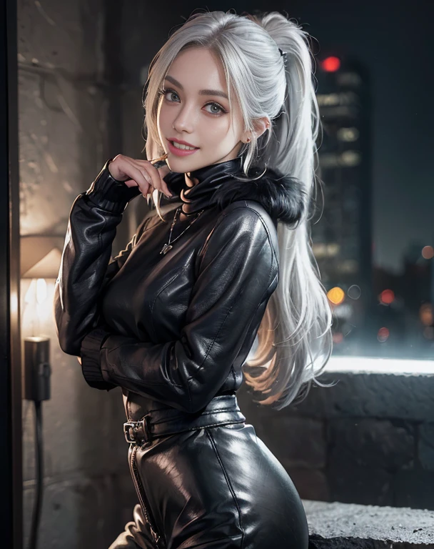 1 girl, black unbuttoned business suit, from below, black miniskirt, upskirt, big round butt, bar stool, bar, dimly lit, white hair, long hair, concept art, back view, facing away, tilted angle, dutch angle, standing