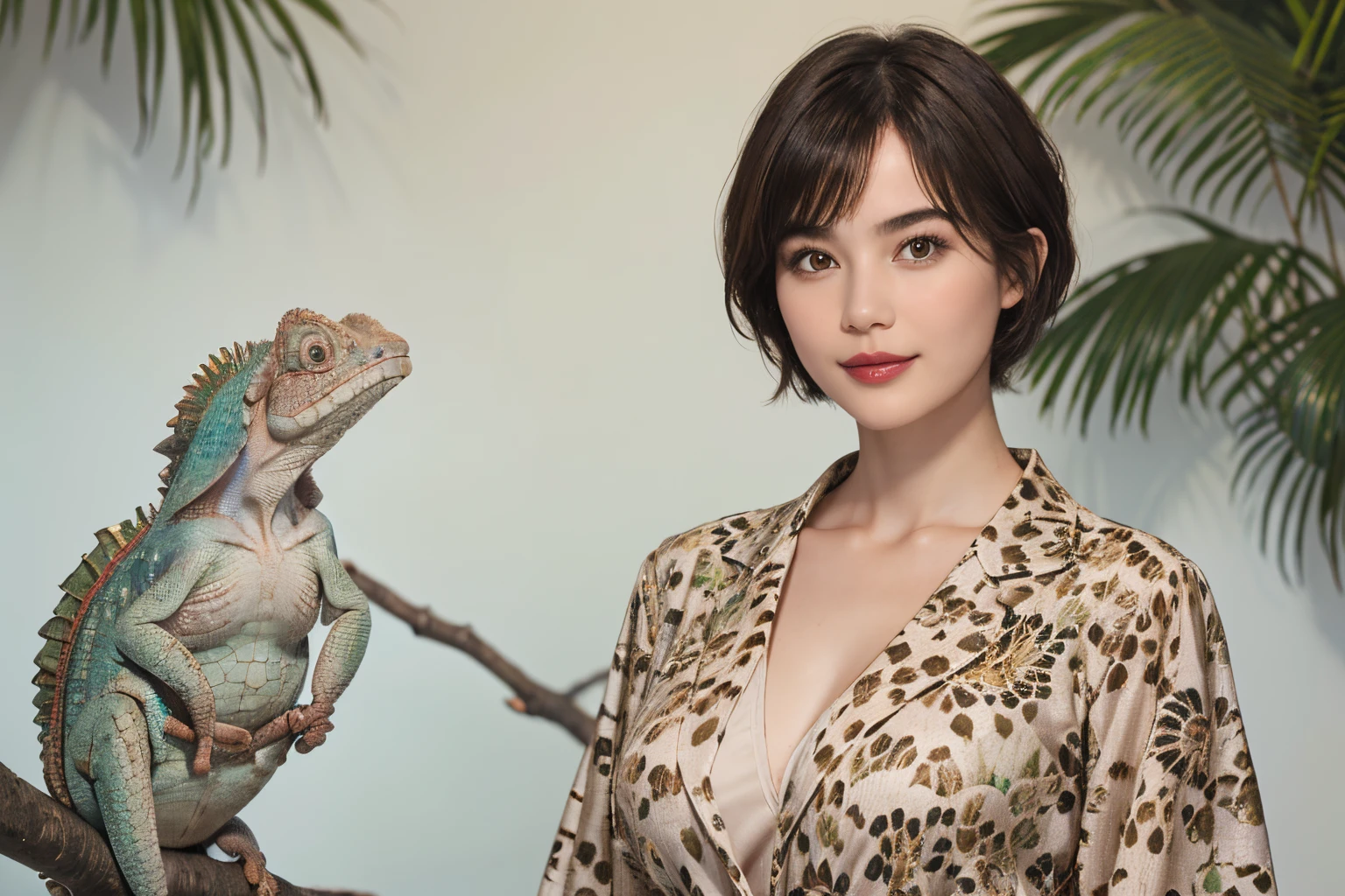 113
(a 20 yo woman,is standing), (A hyper-realistic), (high-level image quality), ((beautiful hairstyle 46)), ((short-hair)), (Gentle smile), (breasted:1.1), (wildlife print clothing), (There is a chameleon), (lipsticks)