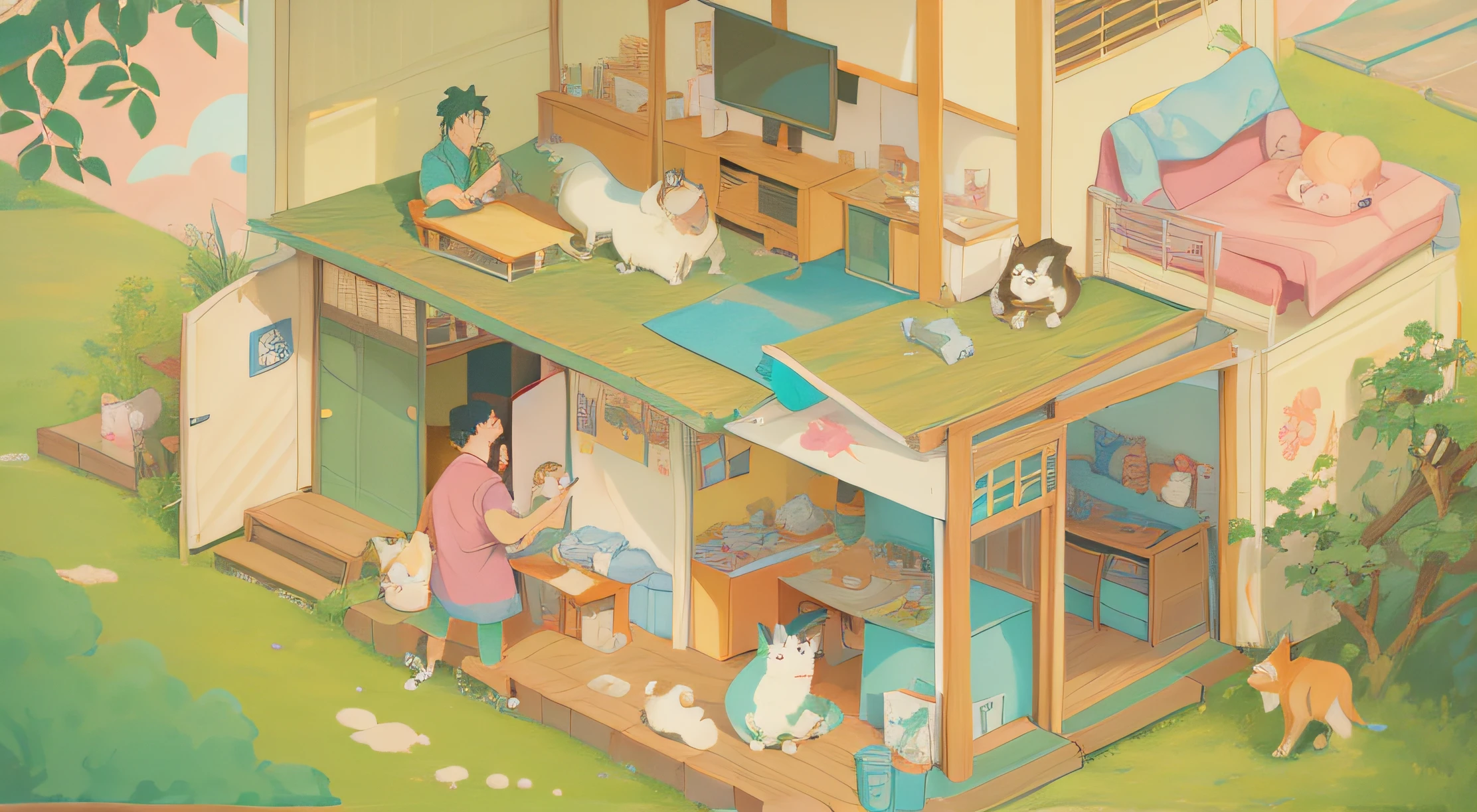 Cartoon illustration of family living in house with animals and cars, praise, lofi art, japanese animation style, Japan cartoon style, Lopfe art style, lofi feel, everyday, Yu Ruying, Lo-Fi illustration style, anime jade camping, Loepfe hip hop, love color, lofi aesthetics, Animated illustration style