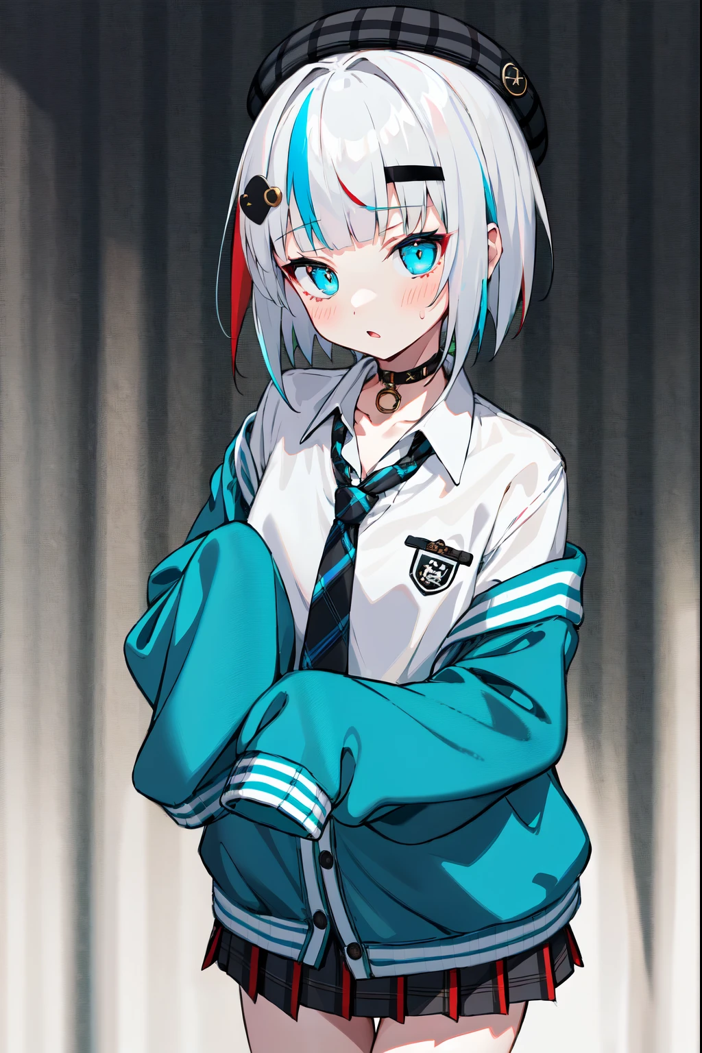 best quality, masterpiece, 1girl, solo,  red gradient streaked hair, short hair, white hair, lily (wacca), black beret, plaid skirt, choker, cyan sweater jacket, collared shirt, black plaid necktie, sleeves past fingers, blunt bangs