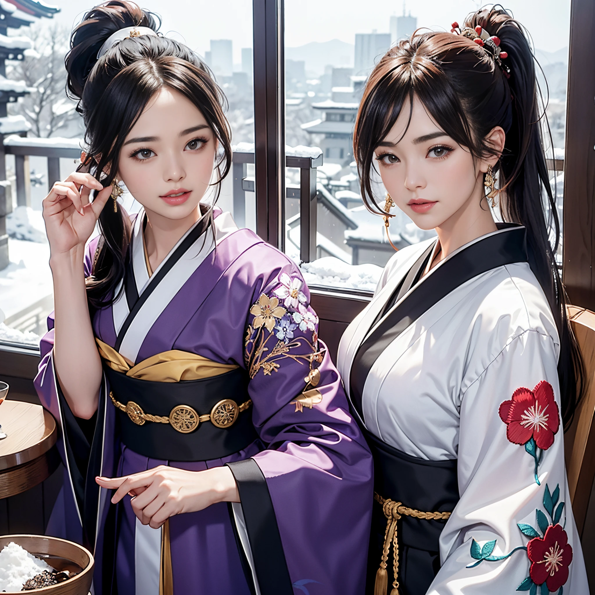Draw a standing illustration of a woman with purple eyes and hair、Draw a full-body standing image of a woman with long hair, wearing a kimono with a violet pattern on a black background, a mole on the left side of her face, and long, narrow eyes.