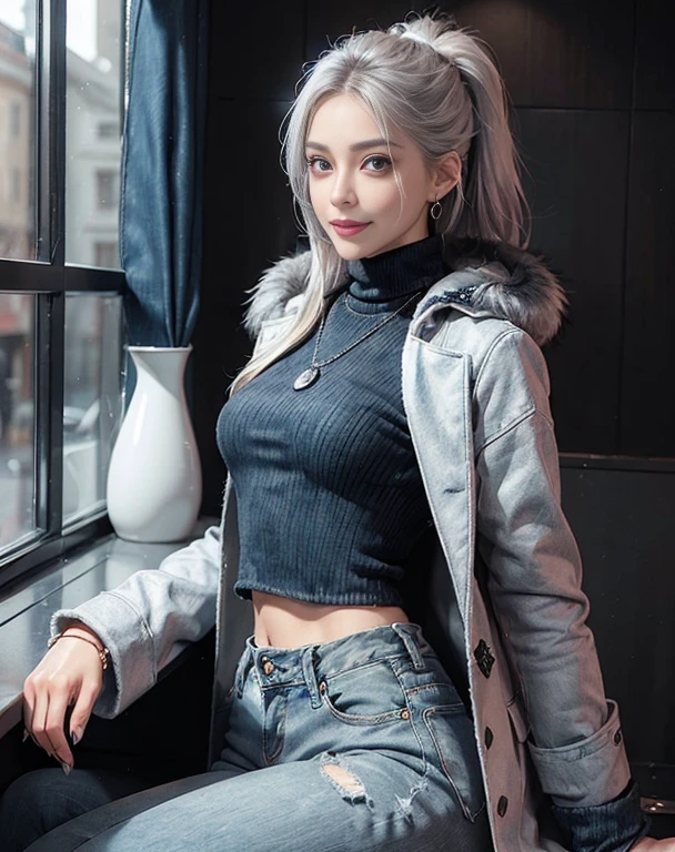 Masterpiece, 8K, photorealistic, ultra realistic, (1girl, solo),
_
the most beautiful, European ig model, 24 years old, 170 cm, (((large breasts:1.2))), ((slender waist, toned thighs, toned arms):1.3)), ((small head, small face, small mouth:1.3)), diamond Face, small nose, Sharp Faceline,
_
BREAK (under body, dynamic angle, wide shot):1.4), walking, from side, look at viewer, Focus foot,
_
(black theme and White), in the night, Inorganic, Inorganic concrete studio with window, small window, gray concrete block, highly, blur, blur background, front lightning, Cinematic lighting,
_
BREAK ((big eyes, Double eyelid, tareme, droopy eyes):1.3), ((smile, small lips, teeth:1.3)), (mole under eye:1.2), (Perl White teeth), ((gray hair)), short hair, (ponytail), asymmetrical hair, (Aqua eyes:1.4), light makeup, thin eyebrow, shiny skin, detailed skin, detailed face, (detailed face skin), perfect eyes, (detailed eyes:1.3), shiny hair, ultra-detailed fingers,
_
BREAK dark coat, detective coat, ((longcoat, ƒ/8, composite, worn gray coat, felt, Faux Fur Hood, A knee-length quilted puffer coat in a neutral color like olive or navy, Faux fur-lined hood for added warmth and style, Wear with a chunky knit scarf and knee-high boots for a winter-ready outfit, black High neck Fur sweater:1.4)), ((denim pants:1.4)), ((silver earring, silver bracelet, silver necklace):1.2), raw photo,
