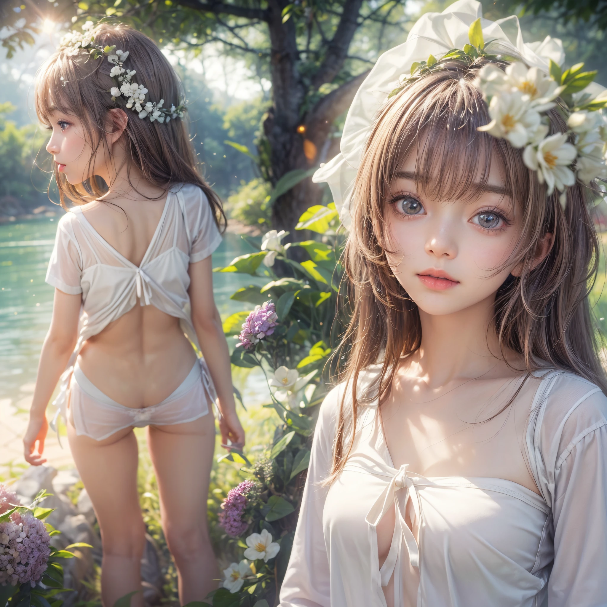 ((David Hamilton:1.37, White and vivid colors))、(Tiny Oppai- Twins:1.37)、{(Dynamic-angle)|(from side)|(from back)|(from below:1.2)}、{(((Kissing face to face)))|(Standing Full Body:1.2)|Wide Shot}、{(Floating hair:1.2)|(Strong wind)|(Ass focus)}、8K best quality、((Masterpiece:1.2、Photo-realistic:1.4)), { kodachrome | realistic | photorealistic | RAW }、((Detailed KAWAII Face、Detailed glistening ivory skin))、Extremely Detailed、Smooth shading、{Zoom Layer|clear focused}、Soft Lighting with many Follow lights、{Childish|Gigantic Cleavage:1.37}、((school uniform with white tiny panties:1.37))、{Flowers|Flower wreath|ssmile|perplexed|seductiv|Different types of hair colors}、{(Light Particles:1.2)|(Lens Flare)|(Luminescent Particles:0.6)}、{Forest Lakeside|Lakeside Cottage|Before dawn|magic hour|morning glow|foggy}、{ Whole Body proportions and all limbs are anatomically accurate | no extra limbs } .