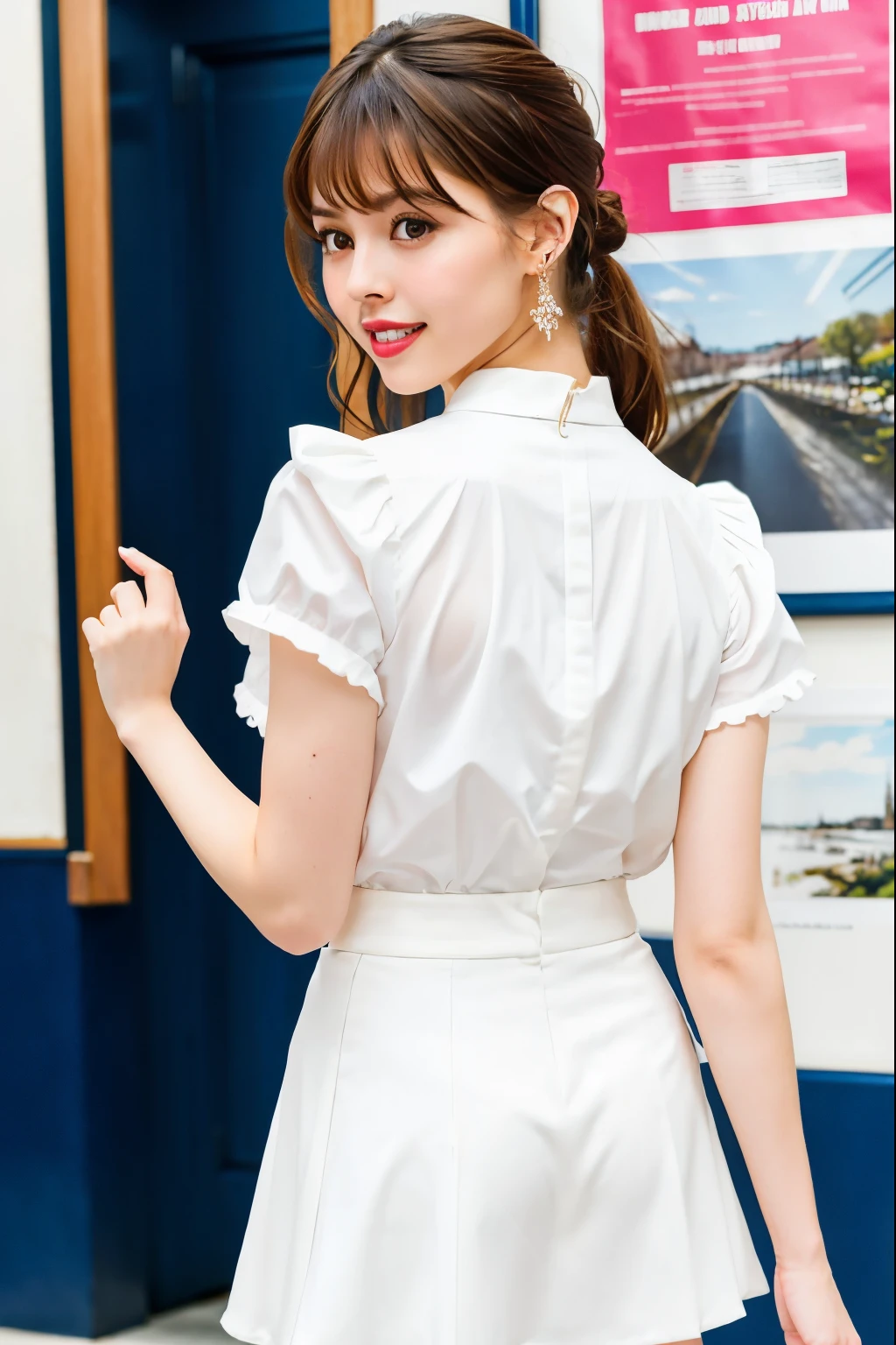 masterpiece, best quality, dynamic pose,full body, 1girl, bangs, necktie, black hair, pink skirt, blush, bracelet, breasts, choker, bows,collarbone, collared shirt, cowboy shot, sailor dress, sailor collards, ear piercing, eyebrows visible through hair, gradient hair, grin, gyaru, jewelry, kogal, long hair, looking at viewer, loose necktie, necktie, piercing, brown eyes, ring, school uniform, shirt, skirt, smile, solo, white shirt, street, sky, cherry blossoms, petals,illustration, (magazine:1.4), (cover-style:1.3), fashionable, woman, vibrant, outfit, posing, front, colorful, dynamic, background, elements, confident, expression, holding, statement, accessory, majestic, coiled, around, touch, scene, text, cover, bold, attention-grabbing, title, stylish, font, catchy, headline, larger, striking, modern, trendy, focus, fashion,