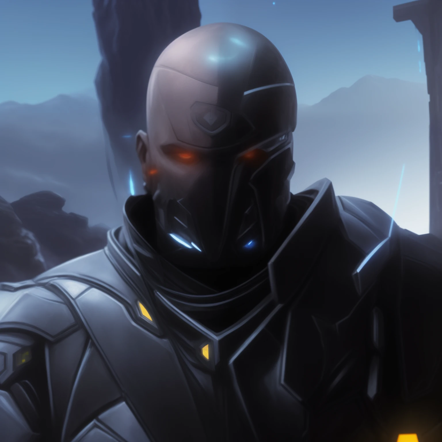 arafed man in a futuristic suit standing in front of a mountain, metabaron, turian, inspired by Rajmund Kanelba, bioware, starcraft 2 videogame character, clothed in stealth armor, clothed in sci-fi military armor, dren from splice, face of an armored villian, anfas portrait of a mech warrior