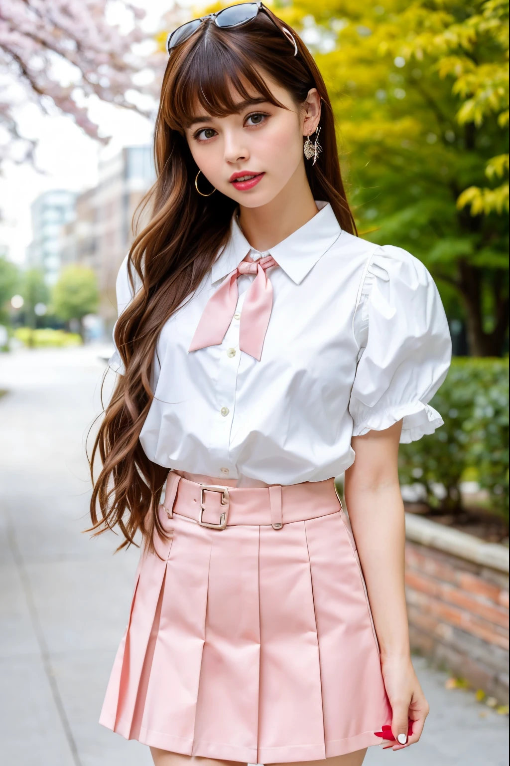 masterpiece, best quality, dynamic pose,full body, 1girl, bangs, necktie, black hair, pink skirt, blush, bracelet, breasts, choker, bows，collarbone, collared shirt, cowboy shot, sailor dress, sailor collards, ear piercing, eyebrows visible through hair, gradient hair, grin, gyaru, jewelry, kogal, long hair, looking at viewer, loose necktie, necktie, piercing, brown eyes, ring, school uniform, shirt, skirt, smile, solo, white shirt, street, sky, cherry blossoms, petals,illustration, (magazine:1.4), (cover-style:1.3), fashionable, woman, vibrant, outfit, posing, front, colorful, dynamic, background, elements, confident, expression, holding, statement, accessory, majestic, coiled, around, touch, scene, text, cover, bold, attention-grabbing, title, stylish, font, catchy, headline, larger, striking, modern, trendy, focus, fashion,