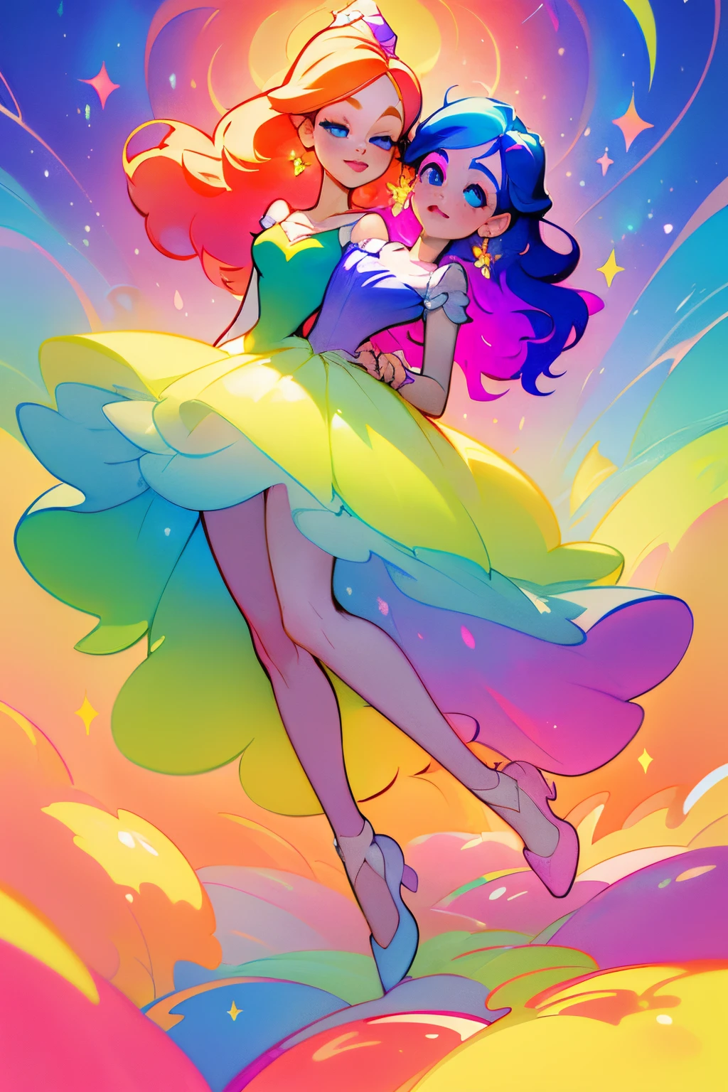 (masterpiece, best quality), best resolution, (2heads:1.5), 1girl, puffy white layered ballgown, vibrant pastel colors, (colorful), long colorful liquid hair, magical lights, sparkling magical liquid, inspired by Glen Keane, inspired by Lois van Baarle, disney art style, by Lois van Baarle,