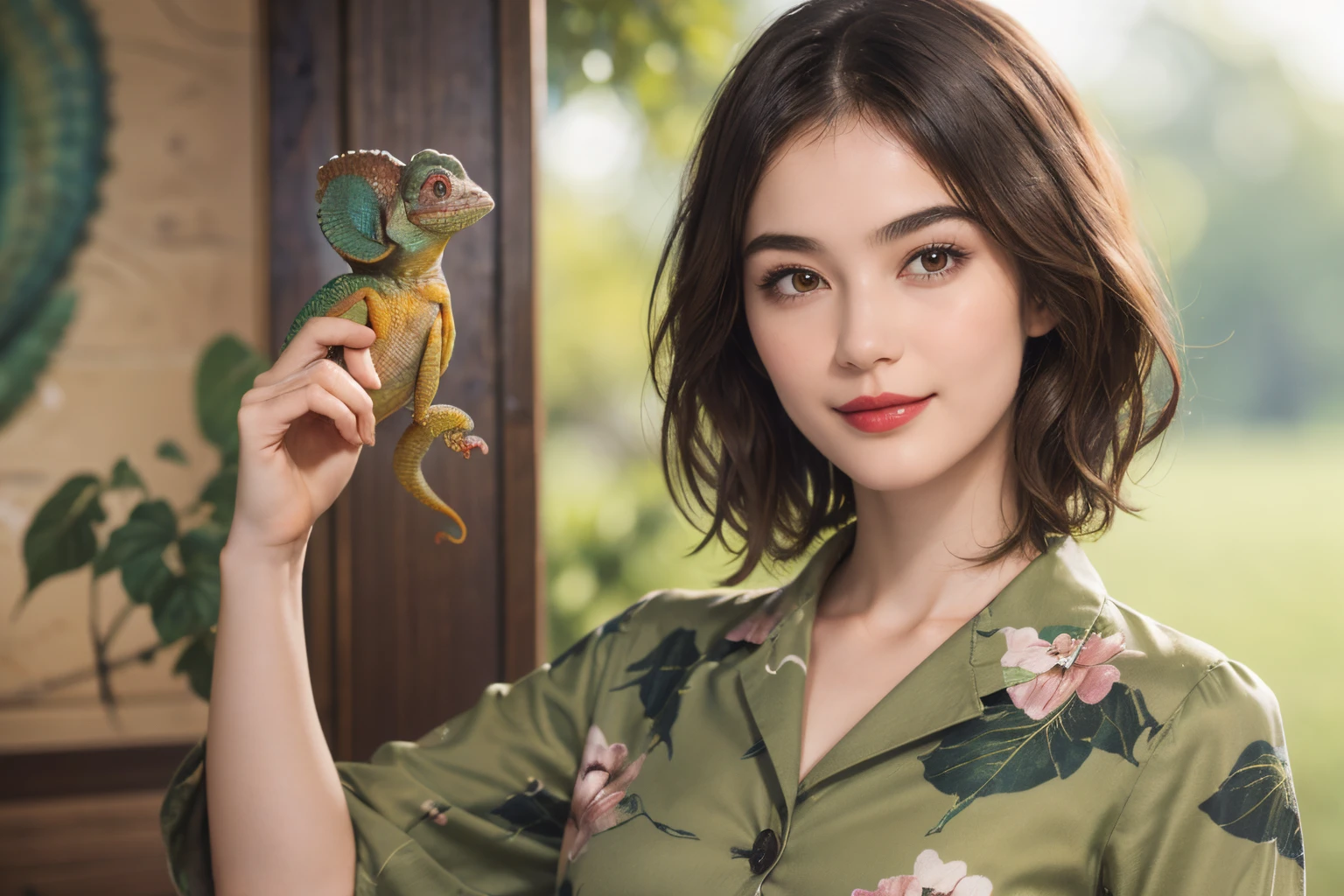 113
(a 20 yo woman,is standing), (A hyper-realistic), (high-level image quality), ((beautiful hairstyle 46)), ((short-hair)), (Gentle smile), (breasted:1.1), (wildlife print clothing), (There is a chameleon), (lipsticks)