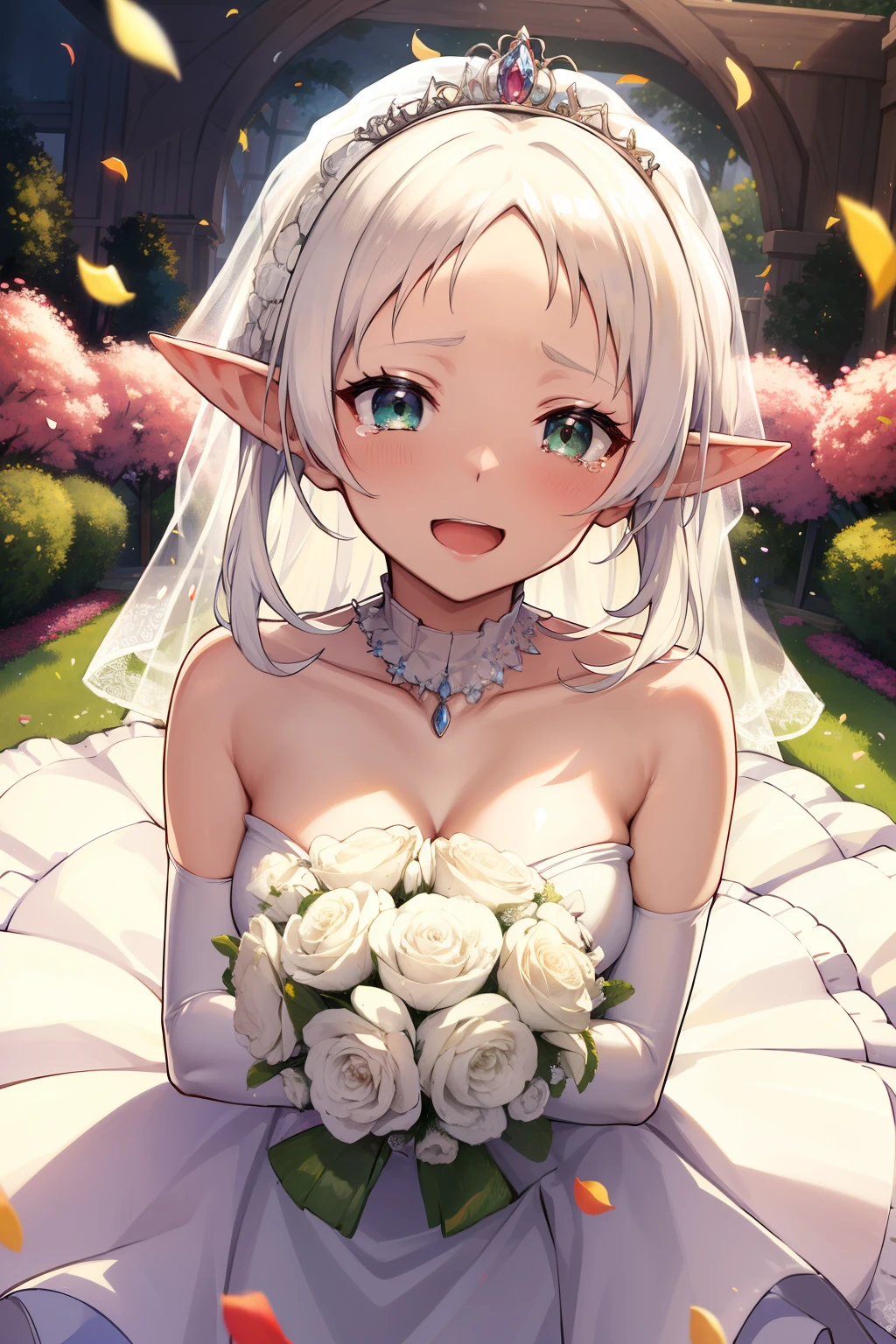 masterpiece, best quality, highres, aaichika,  tiara, bridal veil, necklace, cleavage, wedding dress, strapless dress, white dress, white gloves, elbow gloves, garden on background, smile, open mouth, tears, upper body, confetti, holding bouquet, bouquet, short white hair, ahoge, elf ears, green eyes