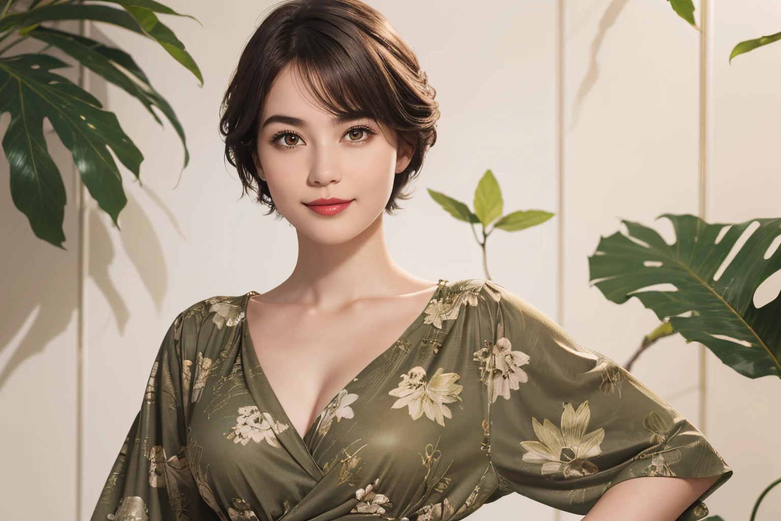 113
(a 20 yo woman,is standing), (A hyper-realistic), (high-level image quality), ((beautiful hairstyle 46)), ((short-hair)), (Gentle smile), (breasted:1.1), (wildlife print clothing), (There is a chameleon), (lipsticks)