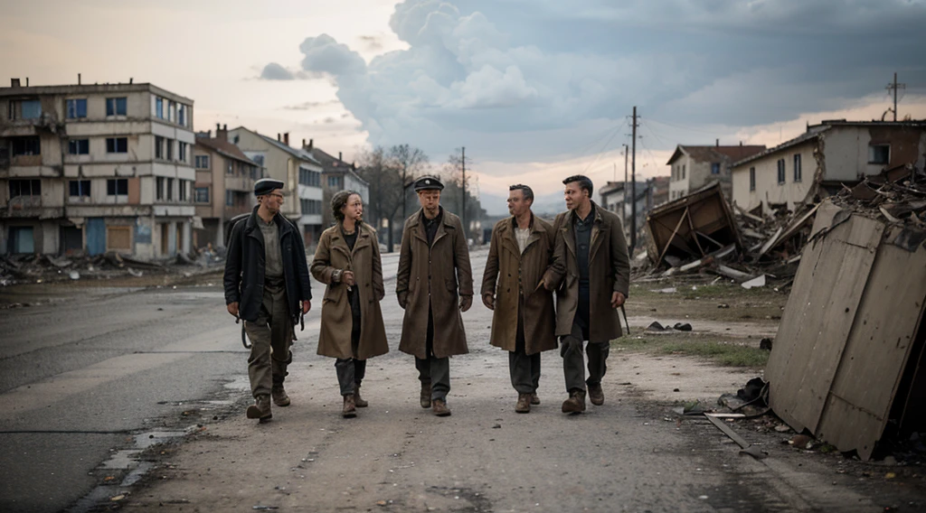 Envision a poignant scene set in Germany, Europe, in 1945. A group of war-weary individuals walks along a worn road, their faces etched with exhaustion and uncertainty. Tattered clothing and the scarcity of belongings reflect the hardships of the time. The backdrop includes damaged buildings and remnants of wartime destruction, conveying the aftermath of World War II. The air is heavy with a mix of relief and sorrow as these survivors move forward, symbolizing resilience amidst the challenges of post-war Europe.