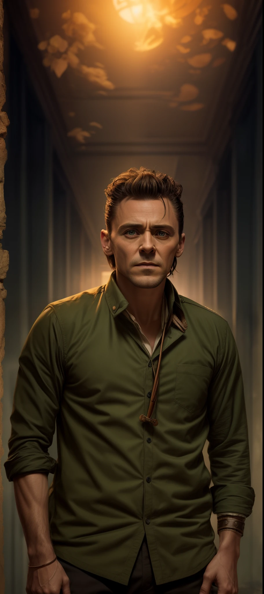 A man in a green shirt standing in a hallway - SeaArt AI