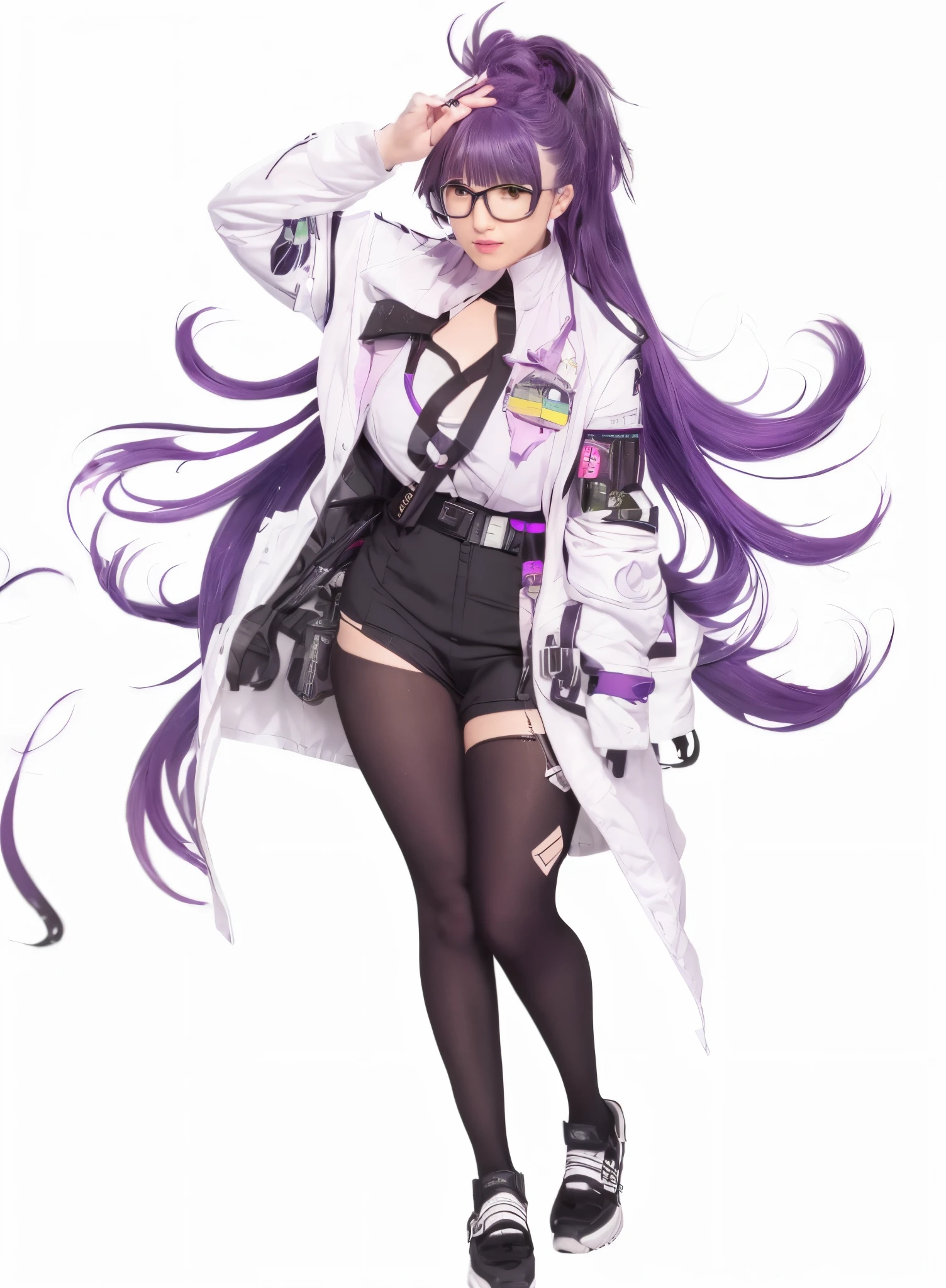 a close up of a person with a purple hair and glasses, from girls frontline, kda, ayaka genshin impact, full body xianxia, girls frontline style, official character art, fine details. girls frontline, girls frontline universe, anime moe artstyle, wearing lab coat and glasses, cushart krenz key art feminine