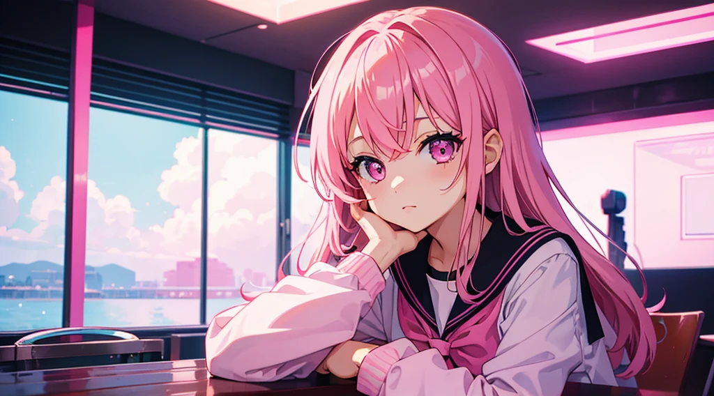 Girl, hazel eyes, Very detailed,  HD, 4k, pink hair, pink clothes, Beautiful woman, 거친 Girl, female student, happy, Best Quality, high quality, Very detailed anime, blue glasses, naughty
