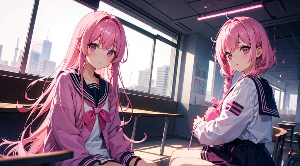 1girl, pink hair, pink eyes, sailor suit, sitting, wariza, pink cyber punk interior, pink fluorescent light