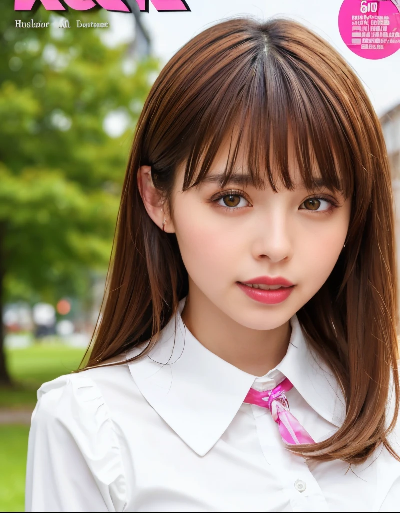 masterpiece, best quality, dynamic pose,full body, 1girl, bangs, necktie, black hair, pink skirt, blush, bracelet, breasts, choker, bows,collarbone, collared shirt, cowboy shot, sailor dress, sailor collards, ear piercing, eyebrows visible through hair, gradient hair, grin, gyaru, jewelry, kogal, long hair, looking at viewer, loose necktie, necktie, piercing, brown eyes, ring, school uniform, shirt, skirt, smile, solo, white shirt, street, sky, cherry blossoms, petals,illustration, (magazine:1.4), (cover-style:1.3), fashionable, woman, vibrant, outfit, posing, front, colorful, dynamic, background, elements, confident, expression, holding, statement, accessory, majestic, coiled, around, touch, scene, text, cover, bold, attention-grabbing, title, stylish, font, catchy, headline, larger, striking, modern, trendy, focus, fashion,