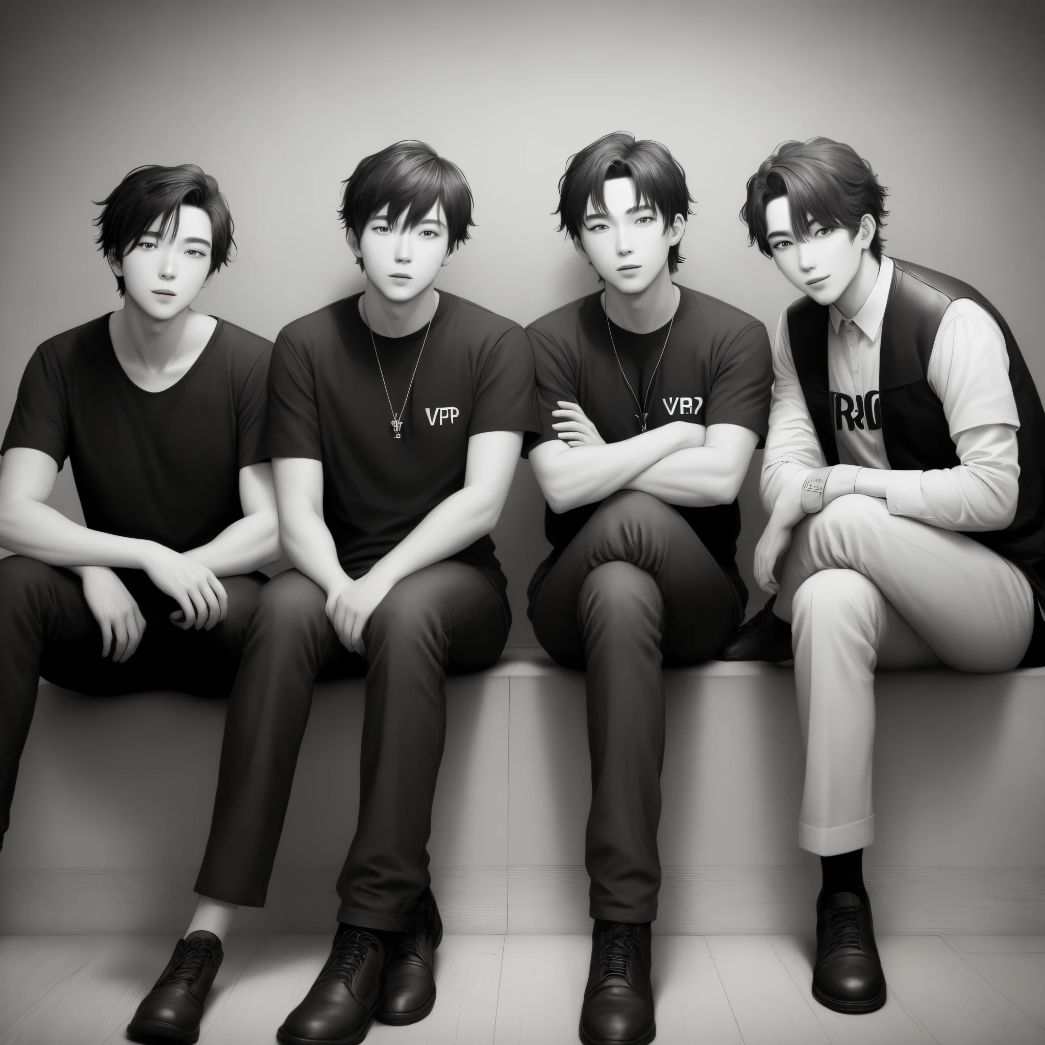3 men sitting in cool poses in black and white with a blue red and black sign above them that say "VRProductions"