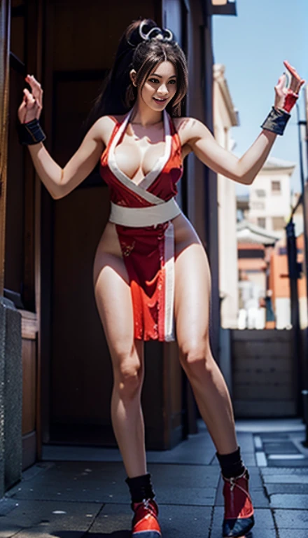 mai shiranui, Brown eyes, The whole body is reflected,Toes are visible, Standing, Full body, Prestige, Long hair, Brown hair, White ribbon, Sleeveless, poneyTail, sash, pelvis curtain, arm guards, mitts, tabi, fascinated expression, Sexy eyes, medium breasts, Smile, Cute, view the viewer, Long hair, Close to Japan temple, (breasts focus:1.2), (Realistic:1.2), (Full Shot: 1.2), (Realism), (masutepiece:1.2), (Best Quality), (ultra-detailliert), (8K, 4K, Convoluted), (85 mm), light Particle, Lighting, (Highly detailed:1.2), (Detailed face:1.2), (gradients), SFV, Colorful, (Detailed eyes:1.2), (Detailed temples of Japan: 1.2),(Detailed background), (Dynamic Angle:1.2), (Dynamic Pose:1.2), (Line of action:1.2), Wide Shot, Daylight, Solo.