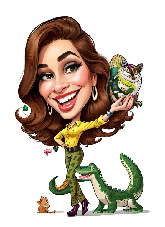 In an intriguing cartoon illustration, a woman dressed in safari clothes, segura com destemor uma rede e um crocodilo. Under the deft direction of Melissa Benson and the cartoon mastery of Kathy Zyduck,, esta dama de cara de cobra, criada por Sandra Chevier, incorporates the exotic and the daring. The cartoon style of the scene is marked by colorful details that highlight the character.'coragem.. Esta caricatura de animal, with its unique expressiveness, ela'It's an impressive fusion of talents, cativando o espectador com sua atmosfera encantadora e desafiadora. Um trabalho onde o humor, color and fearless representation meet.