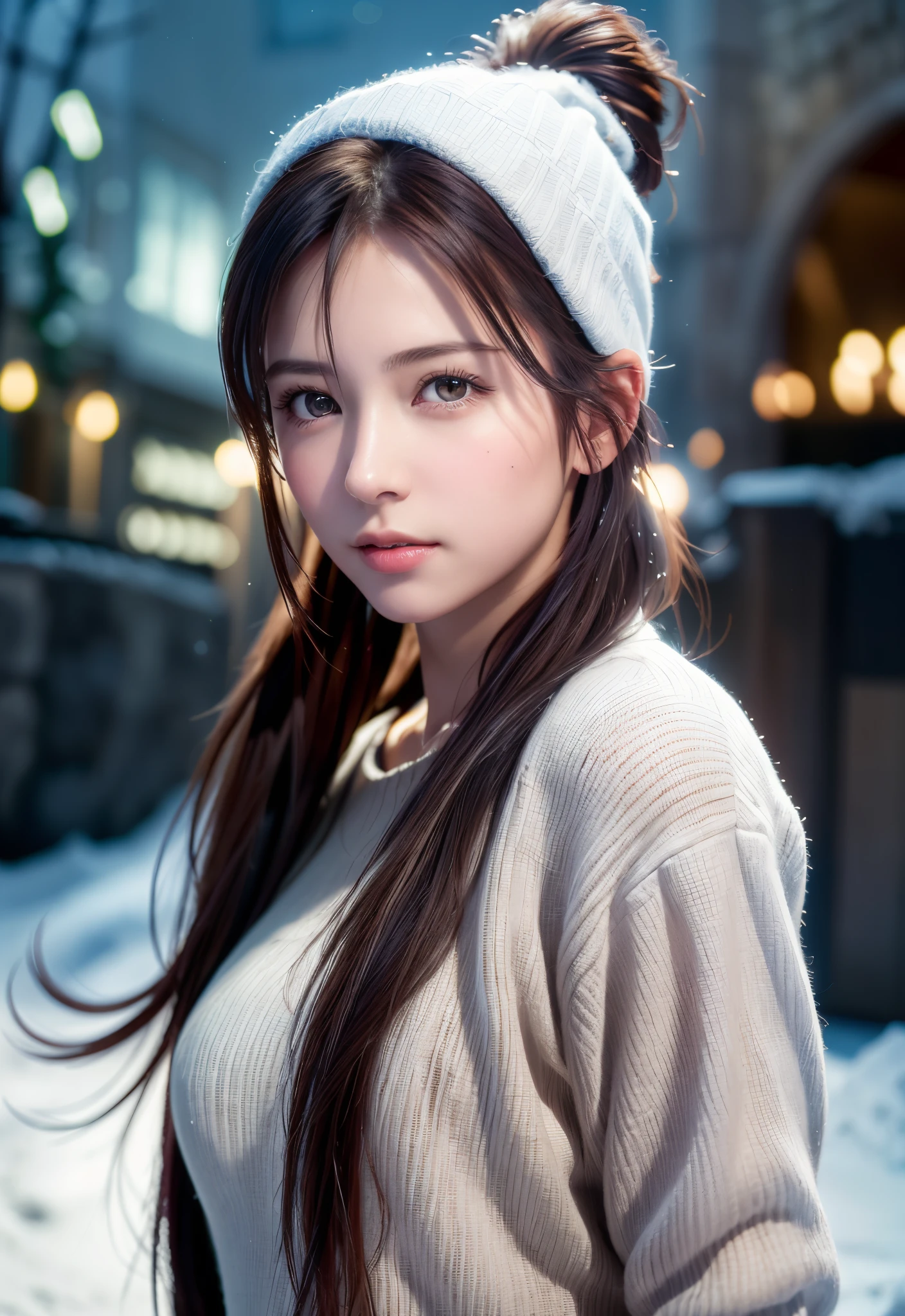 8K, of the highest quality, masutepiece:1.2), (Realistic, Photorealsitic:1.37), of the highest quality, masutepiece, Beautiful young woman, Pensive expression,、A charming、and an inviting look, skiing、snowboarder、Ski Wear, Hair tied back, Cinematic background, Light skin tone、Ski Resort Background