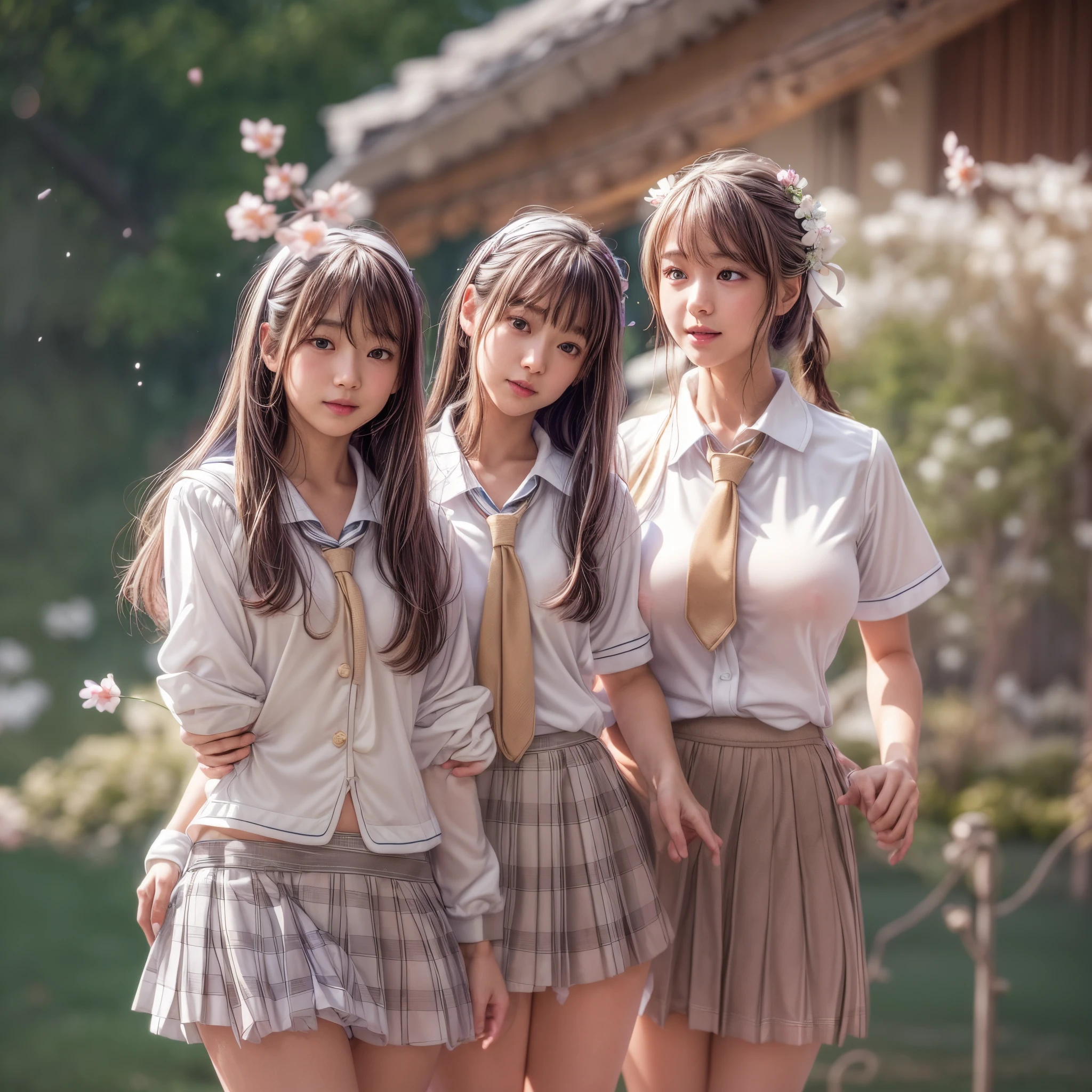 (Raw photo:1.2), (realistic), beautiful detailed girl, very detailed eyes and face, beautiful and detailed eyes, huge file size, High resolution, very detailed, highest quality, [table top:1.6], shape, very detailed, small details, highest quality, 8k wallpaper, movie lighting,3 girls aged 15, 春の公園のCrouching by the pond, A stylish spring-like skirt, Legs spread and panties visible,   panty shot,  I can see white panties, relaxed look, slender body, young face, immature body, exposed panties,Looks like fun, Spring park scenery, Crouching by the pond, Panties visible between her legs