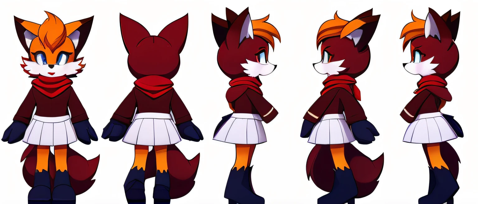 tmasterpiece, Best quality, A high resolution, cute fox, red neckchief, White dress, full bodyesbian, are standing, T pose, left side views, right side view, Front side view, posterior view, ((three side view)), Trilateral view, reference sheet, People drawing, multi view