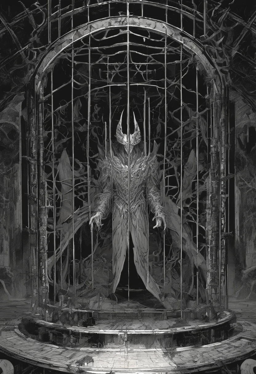 Lucifer in a mystical cage in hell, scary, epic, apocalypse, very detailed, Greg Rutkowski, Jesper Ejsing, Jean Ansell, Justin Gerard