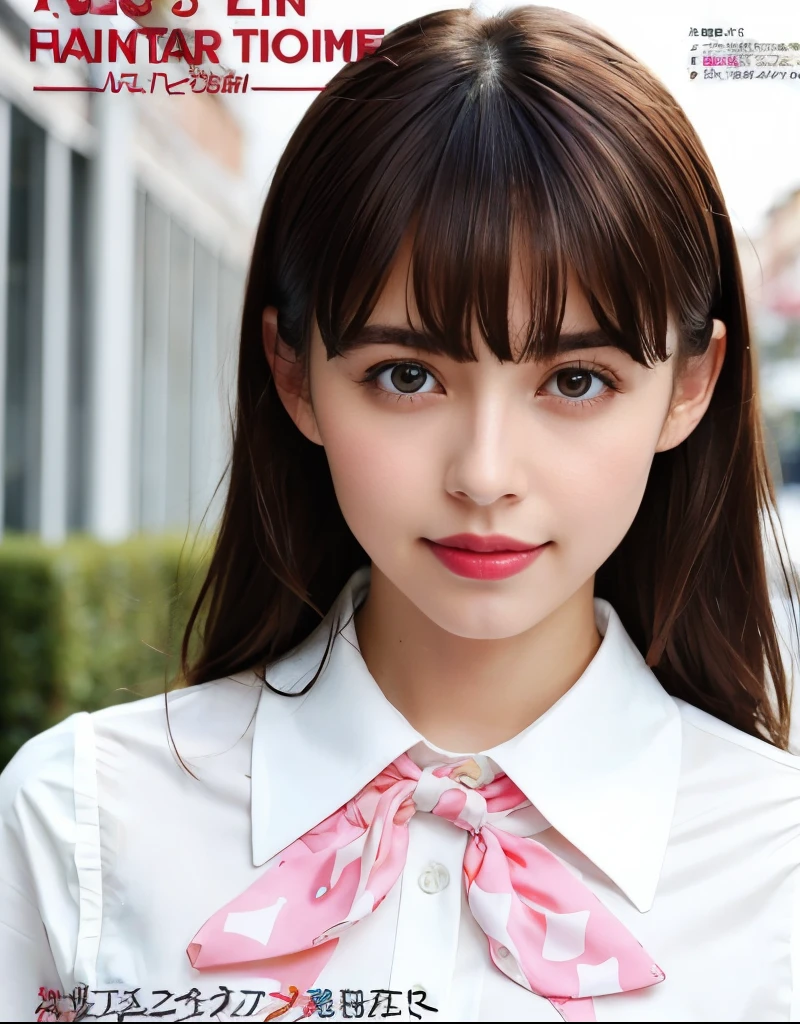 masterpiece, best quality, dynamic pose,full body, 1girl, bangs, necktie, black hair, pink skirt, blush, bracelet, breasts, choker, bows,collarbone, collared shirt, cowboy shot, sailor dress, sailor collards, ear piercing, eyebrows visible through hair, gradient hair, grin, gyaru, jewelry, kogal, long hair, looking at viewer, loose necktie, necktie, piercing, brown eyes, ring, school uniform, shirt, skirt, smile, solo, white shirt, street, sky, cherry blossoms, petals,illustration, (magazine:1.4), (cover-style:1.3), fashionable, woman, vibrant, outfit, posing, front, colorful, dynamic, background, elements, confident, expression, holding, statement, accessory, majestic, coiled, around, touch, scene, text, cover, bold, attention-grabbing, title, stylish, font, catchy, headline, larger, striking, modern, trendy, focus, fashion,