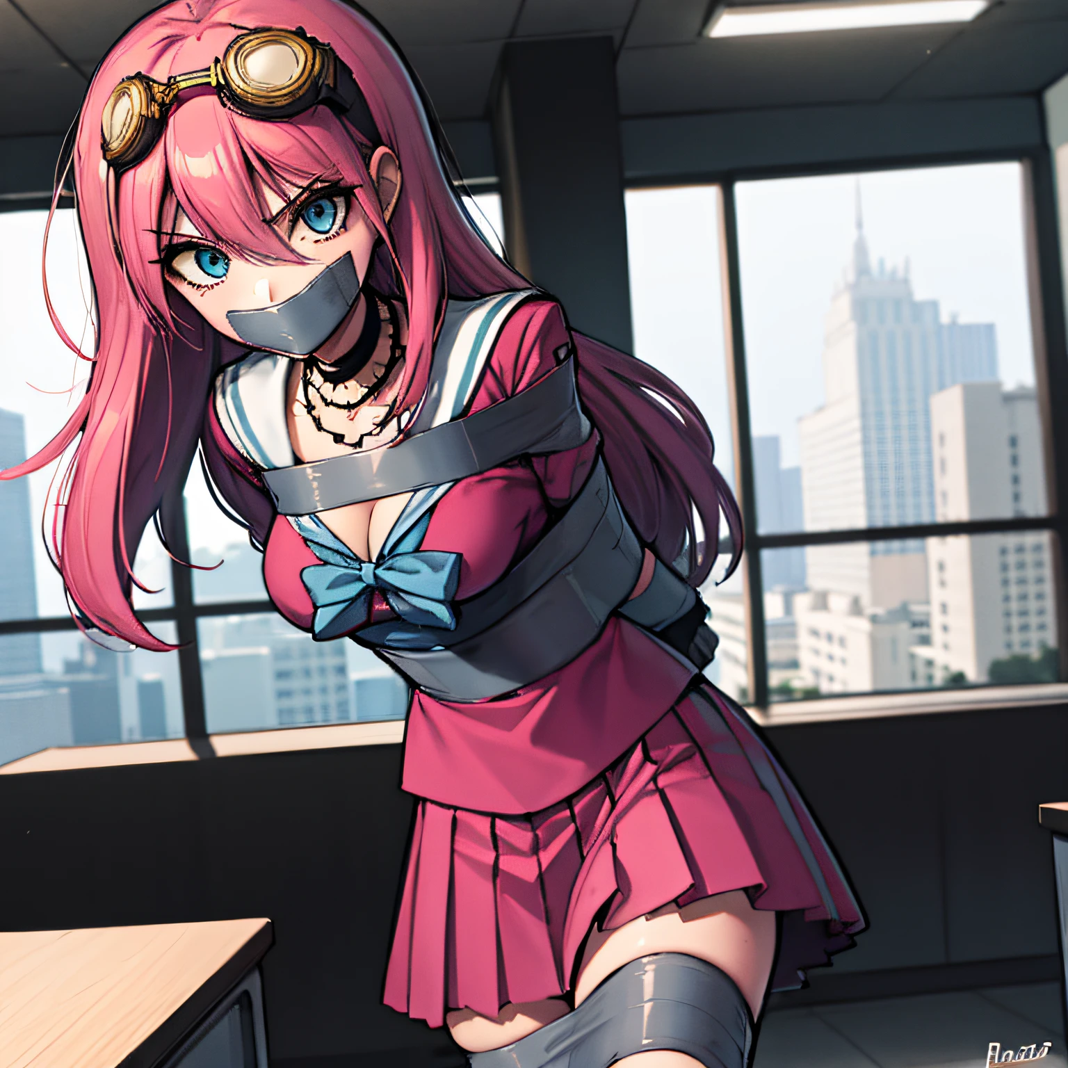 (absurdres, 8k, 4k, masterpiece, hyper extreme detailed:1.2), solo, front view portrait, best quality, portrait, solo, adult, cowboyshot, perfect anatomy, 1girl, perfect face, expressive eyes, perfect eyes, large bust, large breasts, long hair, cleavage, goggles, miuiruma, miu iruma, ahoge, pink hair, blue eyes, goggles, goggles on head, long hair, BREAK bow, choker, fingerless gloves, gloves, pink shirt, school uniform, serafuku, shirt, skirt, uniform, BREAK looking at viewer, BREAK indoors, classroom BREAK, miu iruma, ahoge, pink hair, blue eyes, goggles, goggles on head, long hair, bow, choker, fingerless gloves, gloves, pink shirt, school uniform, serafuku, shirt, skirt, uniform, , bound, bondage, (arms behind back:1.4), bdsm, tape gag, tape, tape bondage, close-up, restrained, best anatomy, half body, tape wrapped, wrap gag, tightly bound, tape wrapped around face, tape above breasts, tape below breasts, long hair