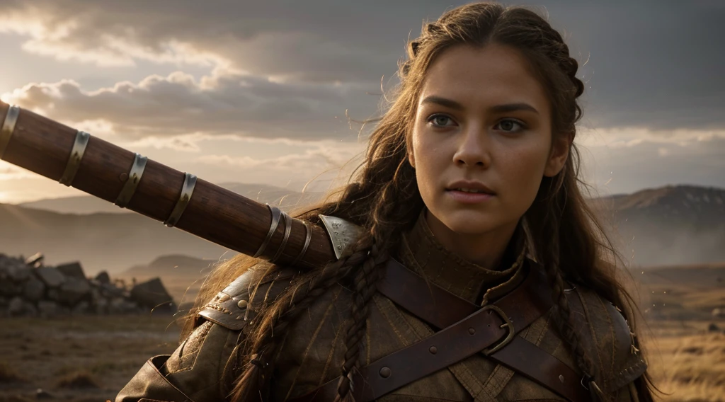 Picture a cinematic portrait of a Viking woman with a commanding presence. Her face is illuminated by a soft, diffused light, highlighting the intensity in her eyes and the determined set of her jaw. The wind whips through her braided hair, and a hint of battle scars on her face tells stories of past triumphs. Holding a finely crafted axe in her calloused hand, she exudes strength and resilience. The backdrop could feature a dramatic sky at sunset, casting a warm, golden glow on the fierce warrior, creating a cinematic and powerful atmosphere.