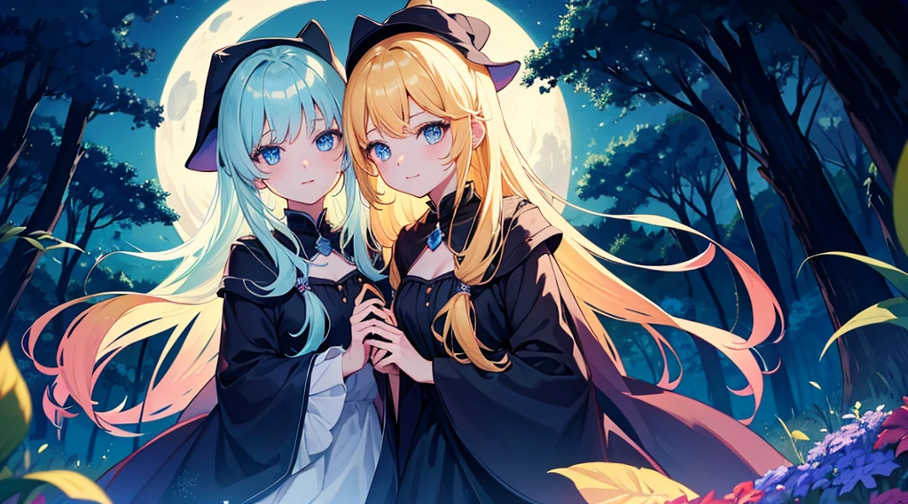 2 witch girls, blonde hair, blue eyes, fantastic night forest, moon, colorful glowing plant