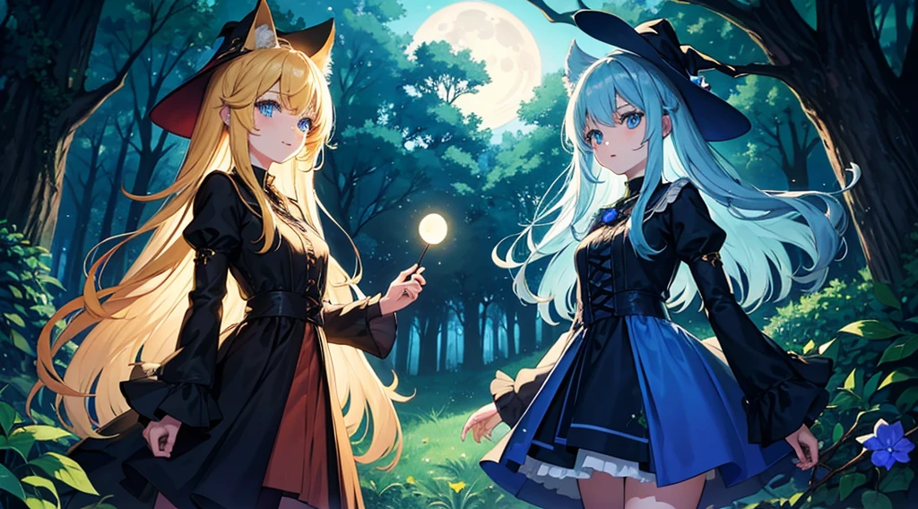 2 witch girls, blonde hair, blue eyes, fantastic night forest, moon, colorful glowing plant