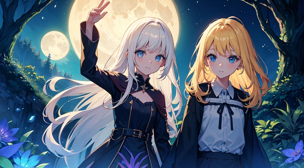 2 witch girls, blonde hair, blue eyes, fantastic night forest, moon, colorful glowing plant